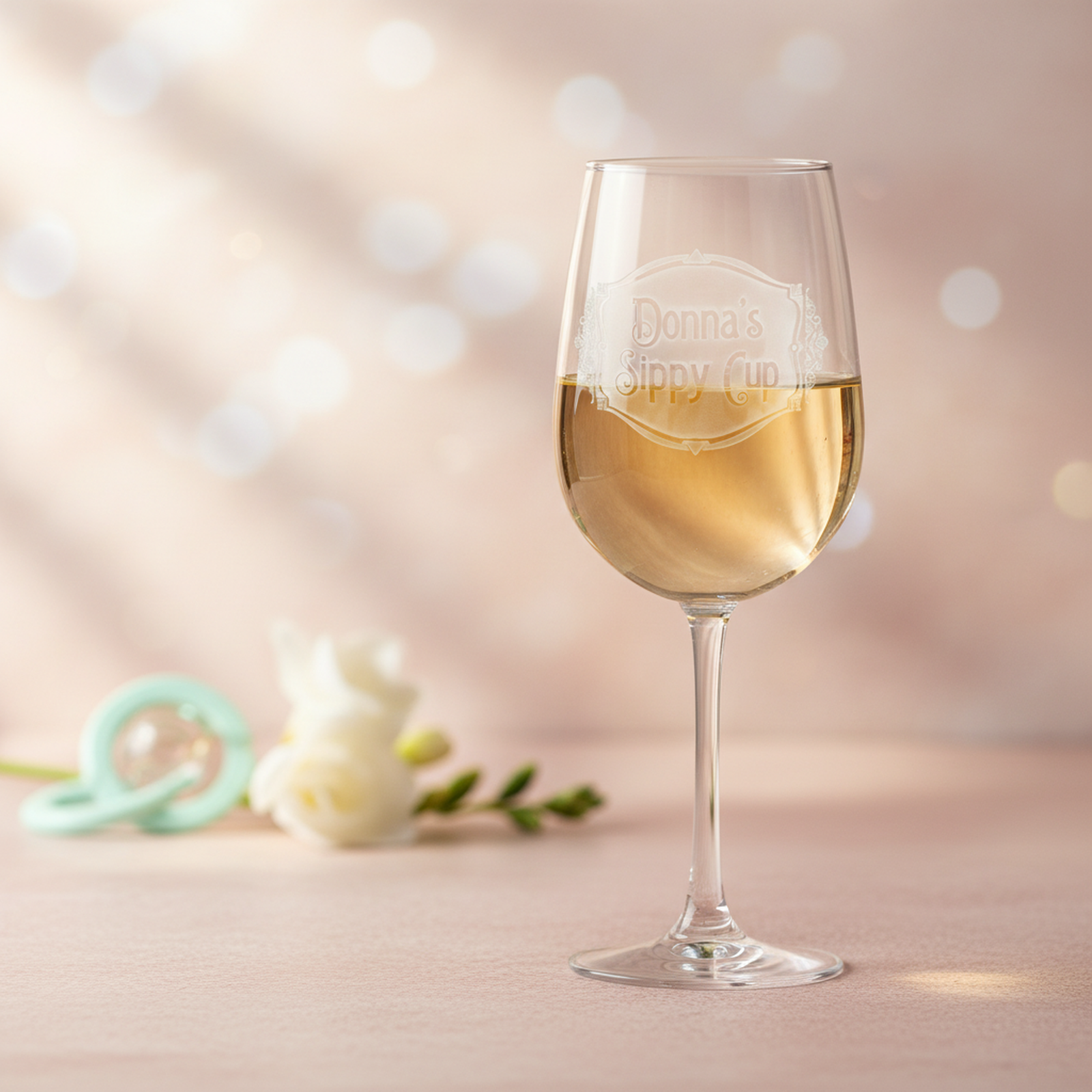 Sippy Cup Wine Glass on warm staged setting — stemmed crystal wine glass with sand-carved sippy cup engraving