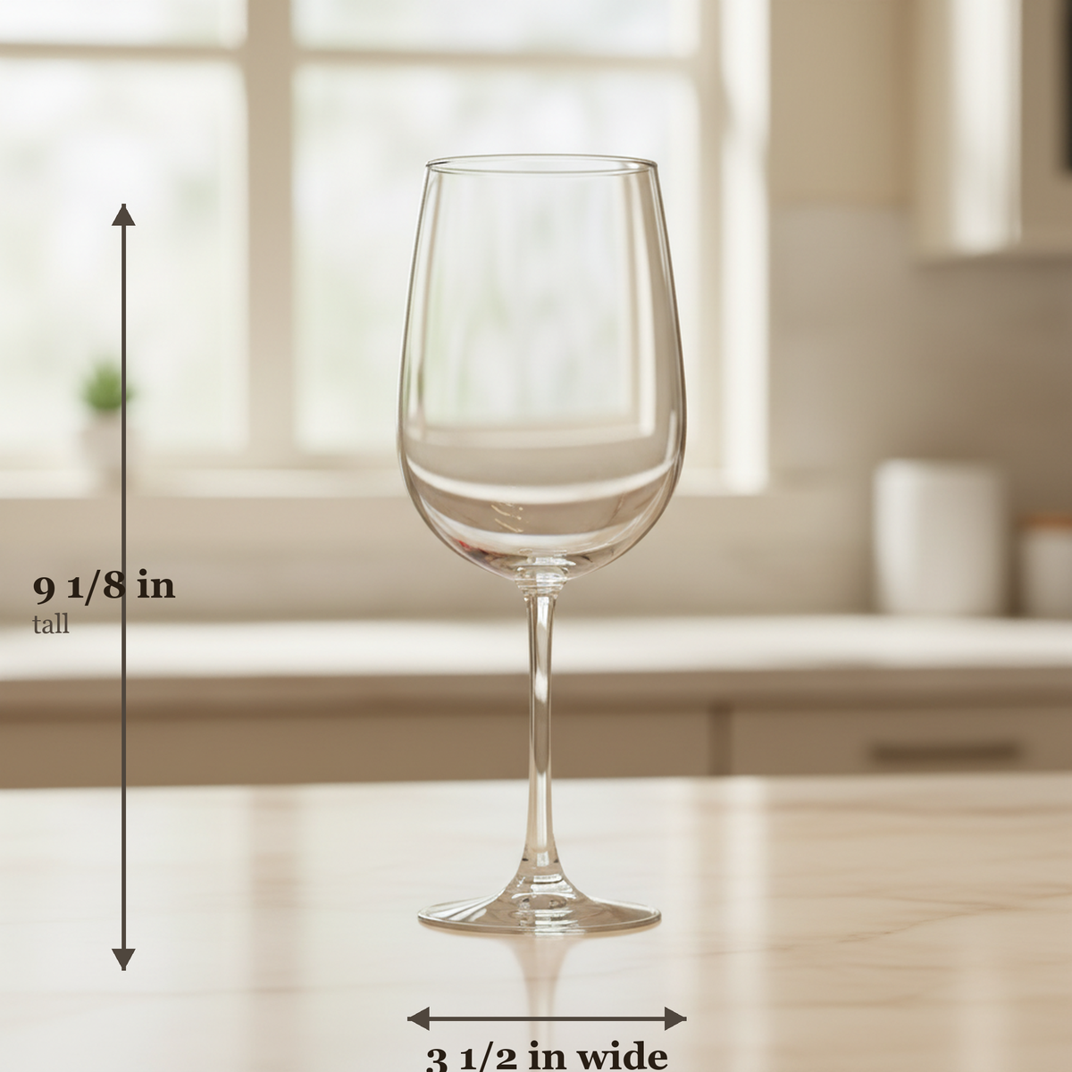 Sippy Cup Wine Glass dimensions — 9 1/8 inches tall, 3 1/2 inches wide, 18.5 oz capacity, stemmed crystal-clear glass