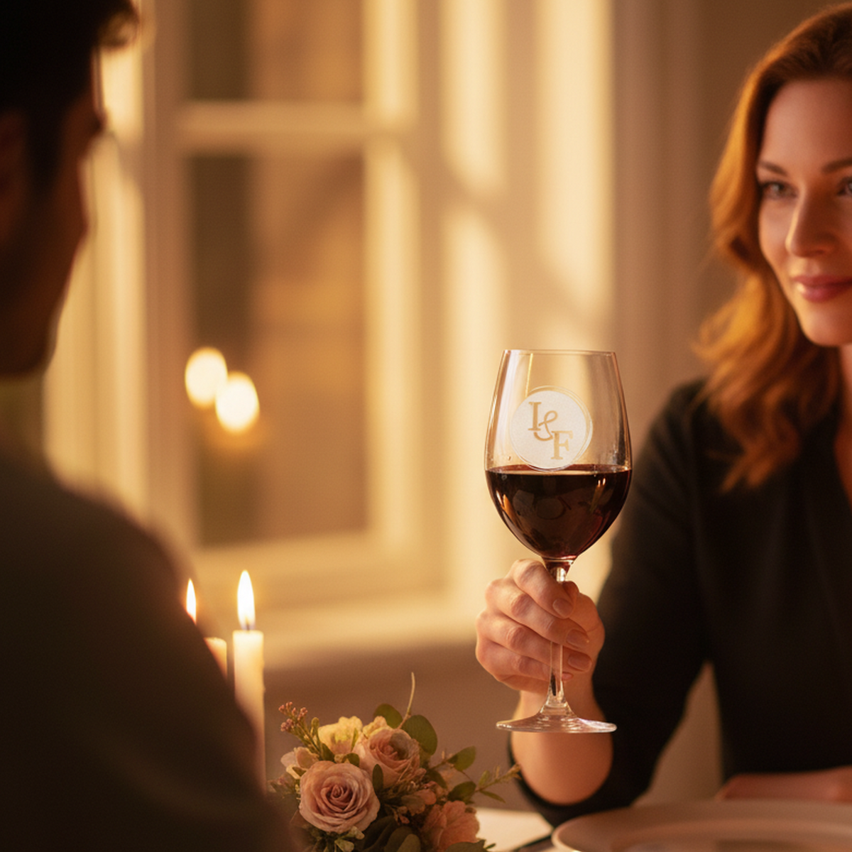 Couple at their anniversary dinner with the personalized Stolzle crystal wine glass showing the two-initial monogram engraving