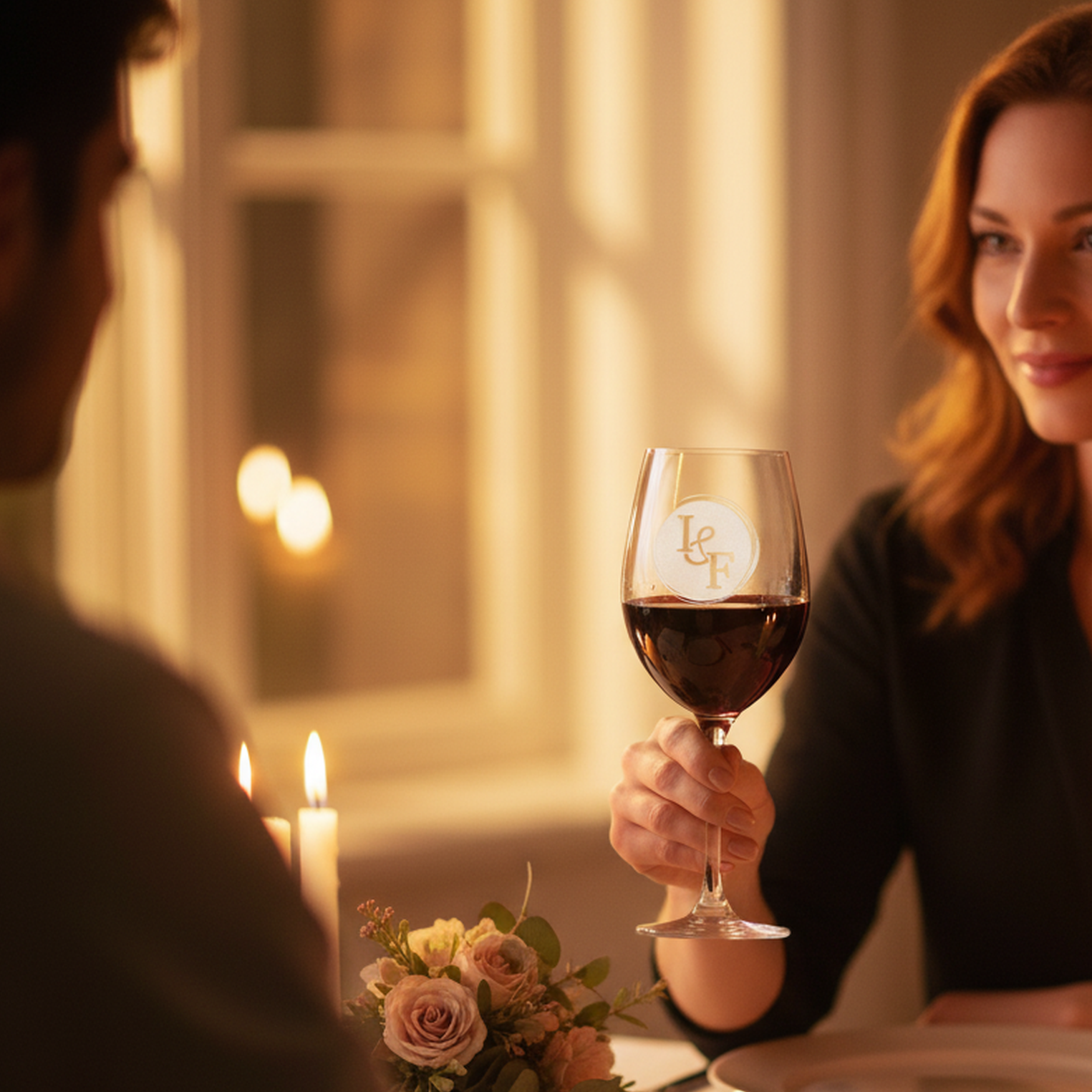 Couple at their anniversary dinner with the personalized Stolzle crystal wine glass showing the two-initial monogram engraving