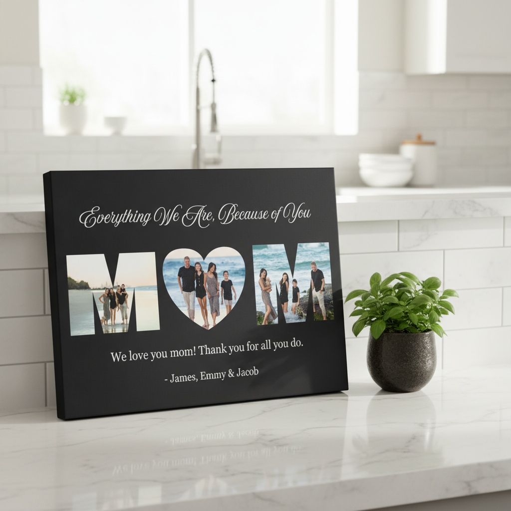 Black canvas with sample text "Everything We Are, Because of You" and family photos arranged in MOM letter cutouts, displayed on kitchen counter next to potted plant
