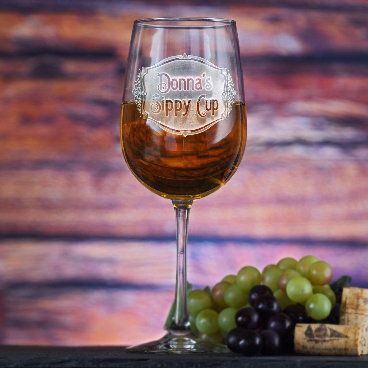 Sippy Cup personalized stemmed wine glass — sand-carved engraving