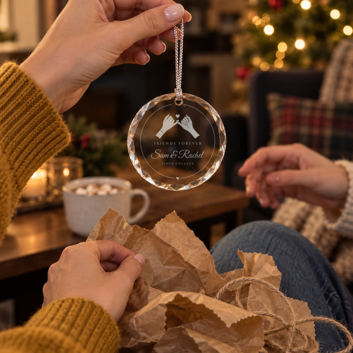 A woman lifting the engraved pinky promise ornament out of kraft wrapping paper as her friend reaches in, reading Friends Forever, Sam & Rachel