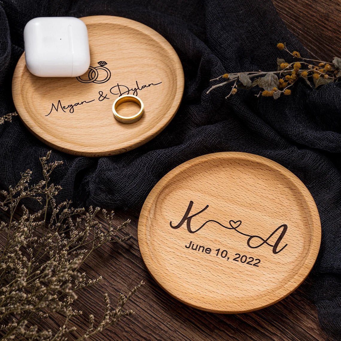 Custom Dinner Rings Personalized Wood Ring Dish | Custom Engraved Jewelry Holder in Walnut ...