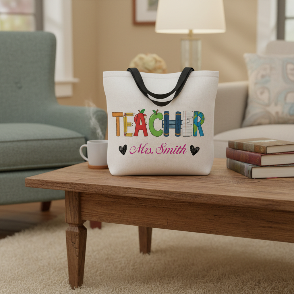 White canvas tote bag with colorful "TEACHER" text and sample name "Ms. Smith" printed on front, displayed on wooden table with black handles.