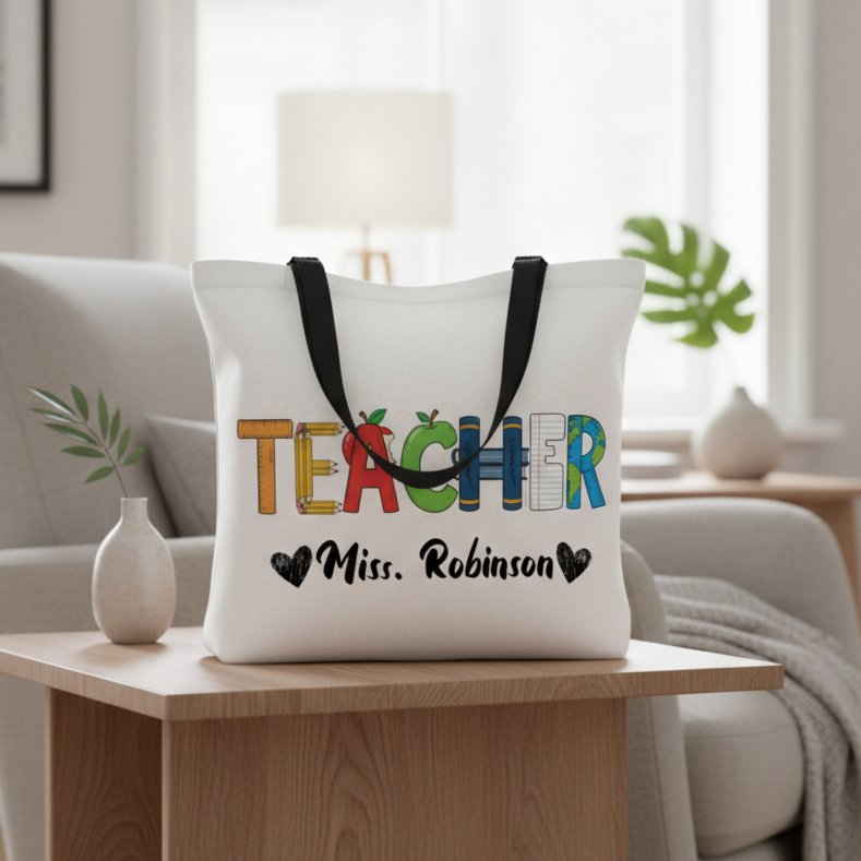 White canvas tote bag with black handles, printed with colorful "TEACHER" graphic made from school supply illustrations and personalized sample name "Miss. Robinson" with decorative hearts.