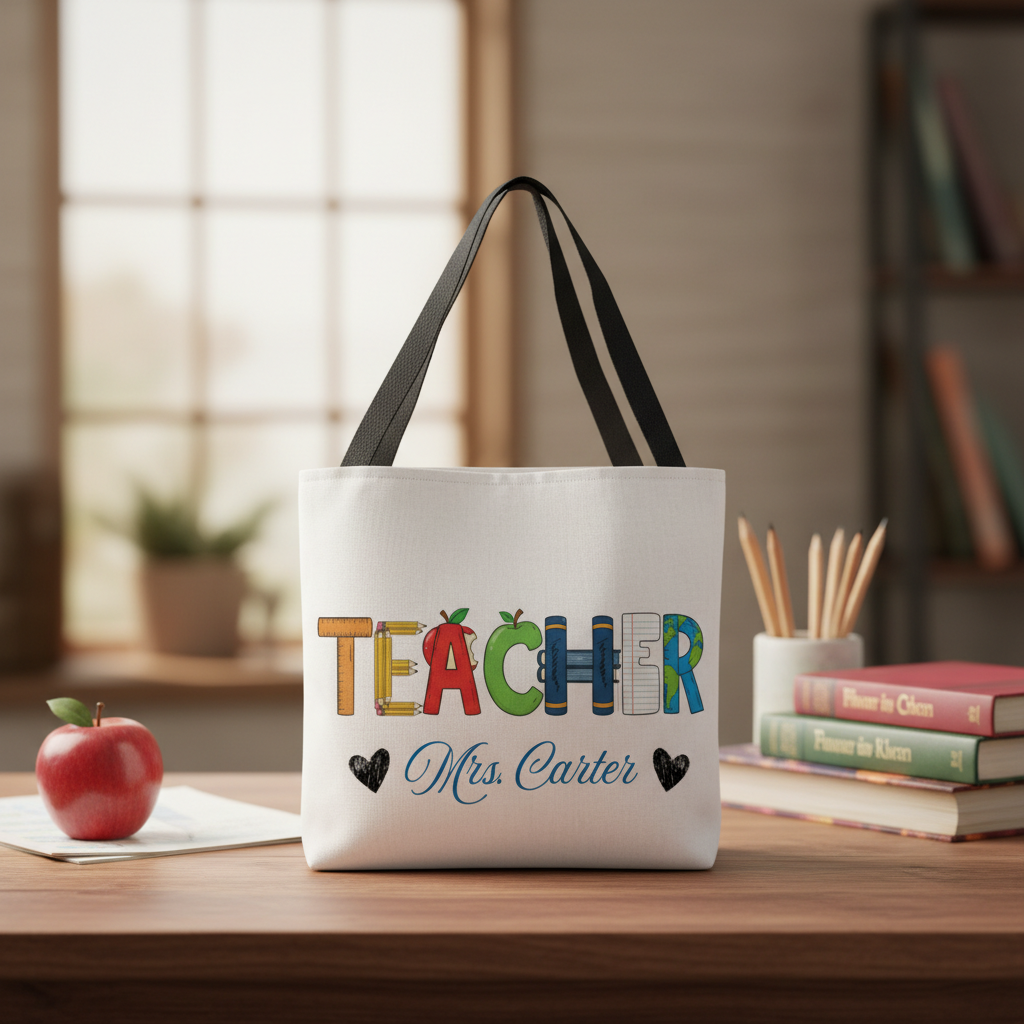White canvas tote bag with black handles, featuring colorful "TEACHER" text made from school supply illustrations and sample name "Mrs. Carter" with decorative hearts, displayed on desk with books and apple.