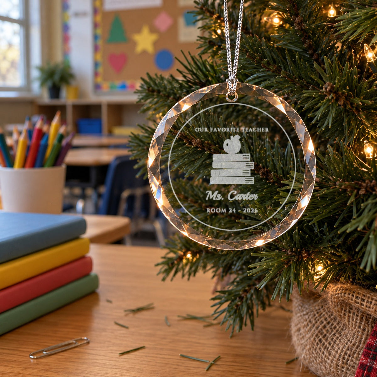 Teacher ornament from the class on a small tree on a classroom desk, engraved OUR FAVORITE TEACHER with books and an apple, Ms. Carter and ROOM 24 2026