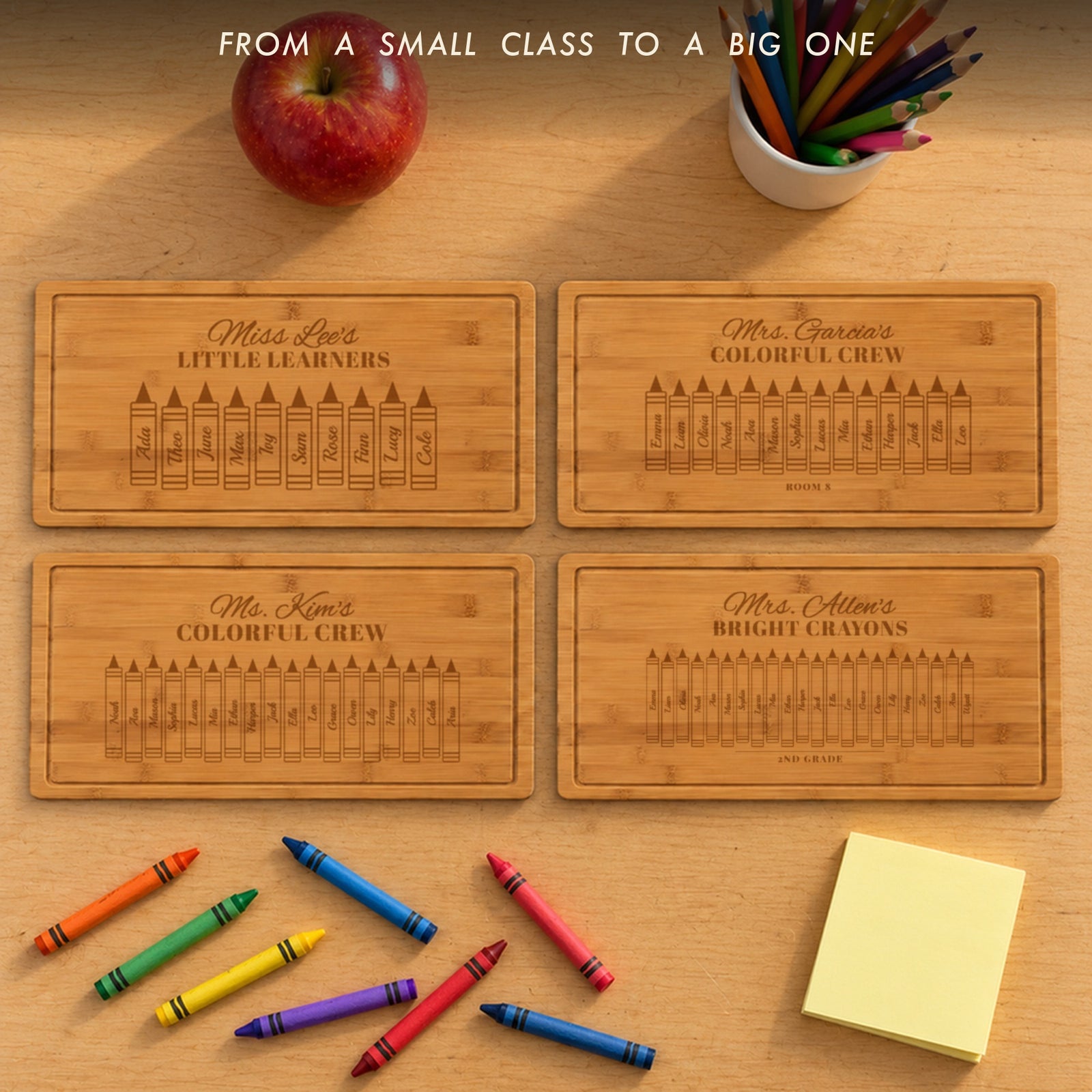 Four teacher crayon cutting boards with classes of 10, 14, 18 and 22 students: Little Learners, Colorful Crew and Bright Crayons