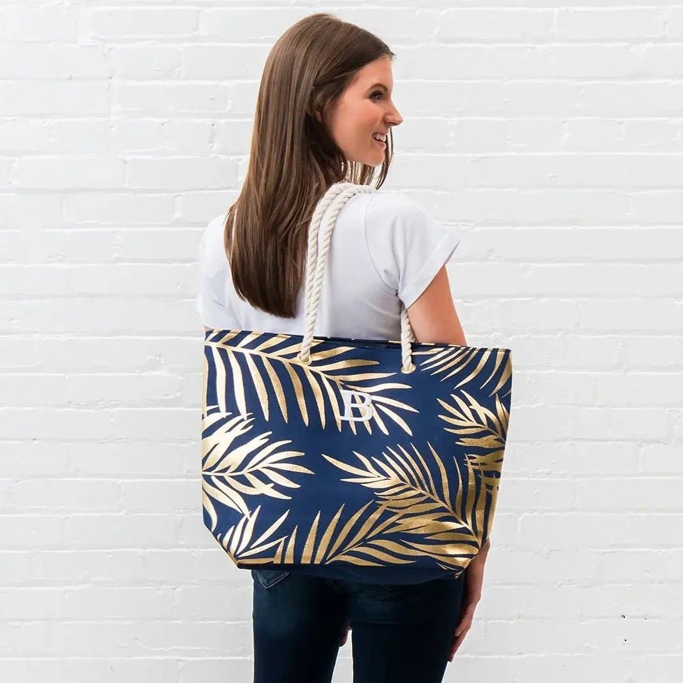 Totes &amp; Beach Bags Navy Blue Palm Leaf Cotton Canvas Beach Tote Bag
