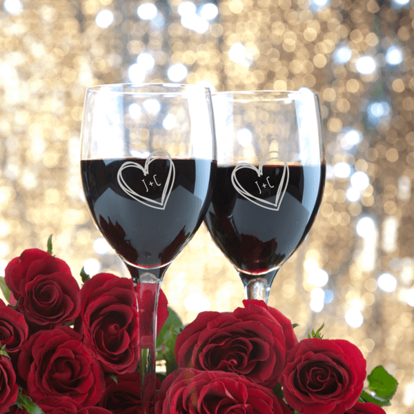 valentine wine glasses Personalized Couple's Heart Stem Wine Glasses Set of 2 | Custom Initials  Engraved 19oz