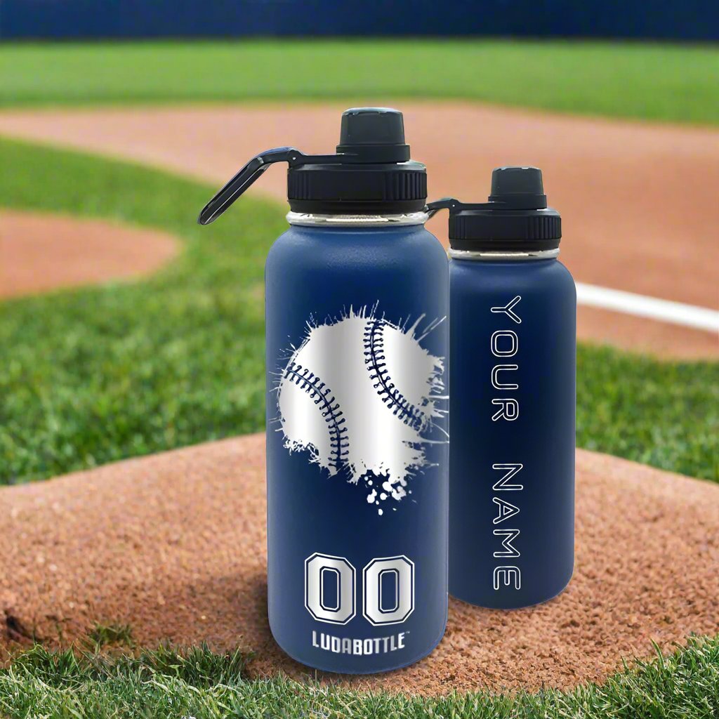 Water Bottle Baseball Engraved Name Number Blue