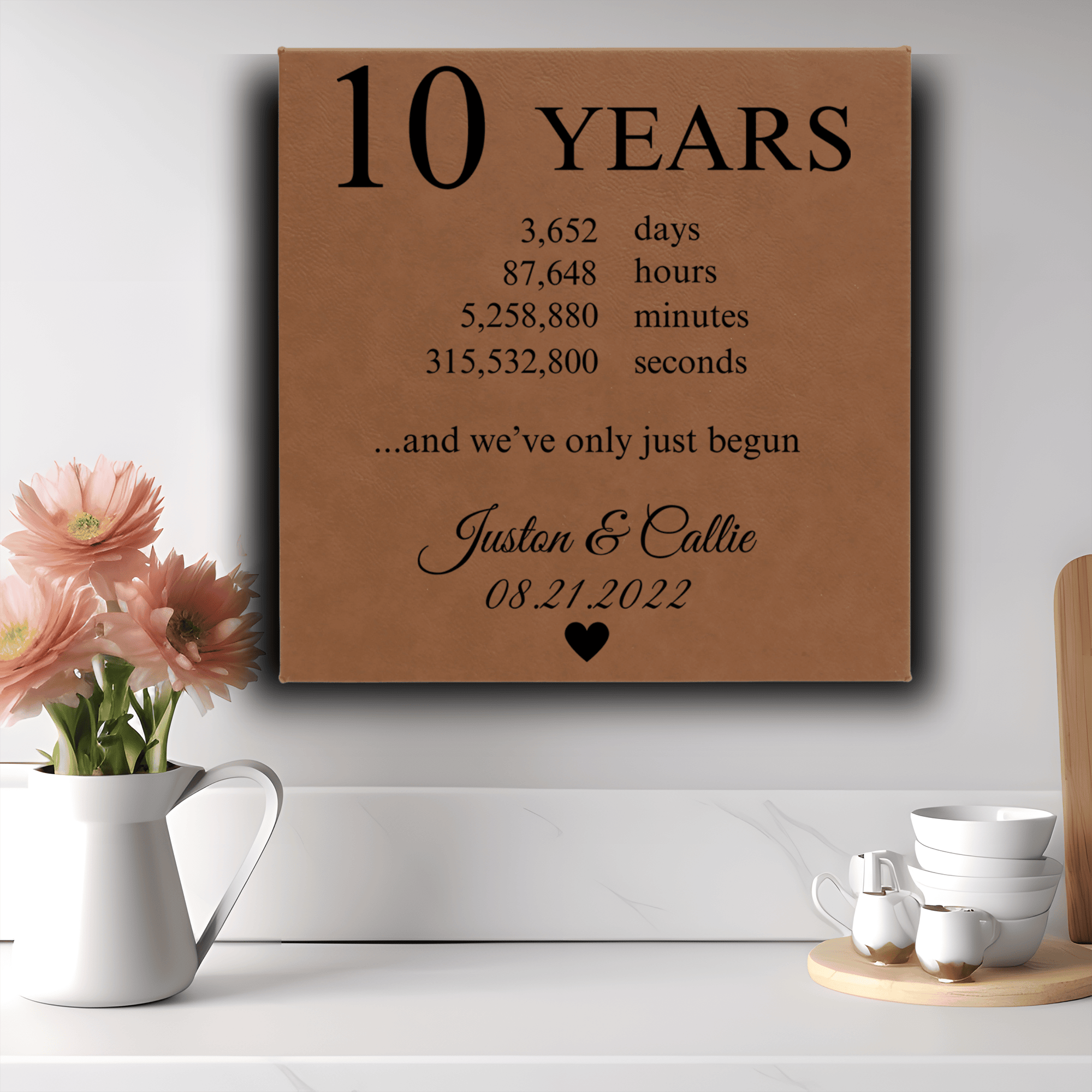 Brown Leather Wall Decor With 10 Year Anniversary Design