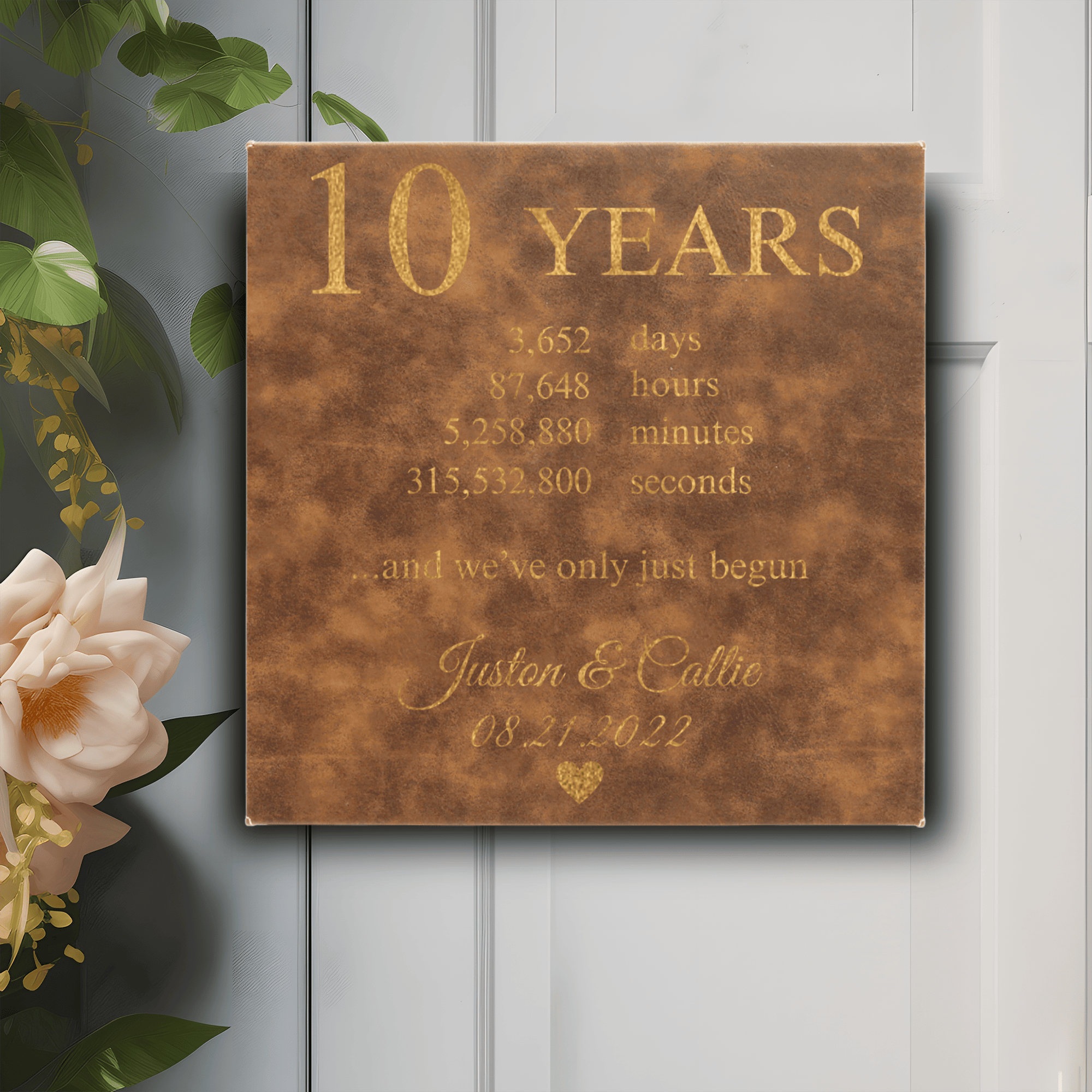 Rustic Gold Leather Wall Decor With 10 Year Anniversary Design