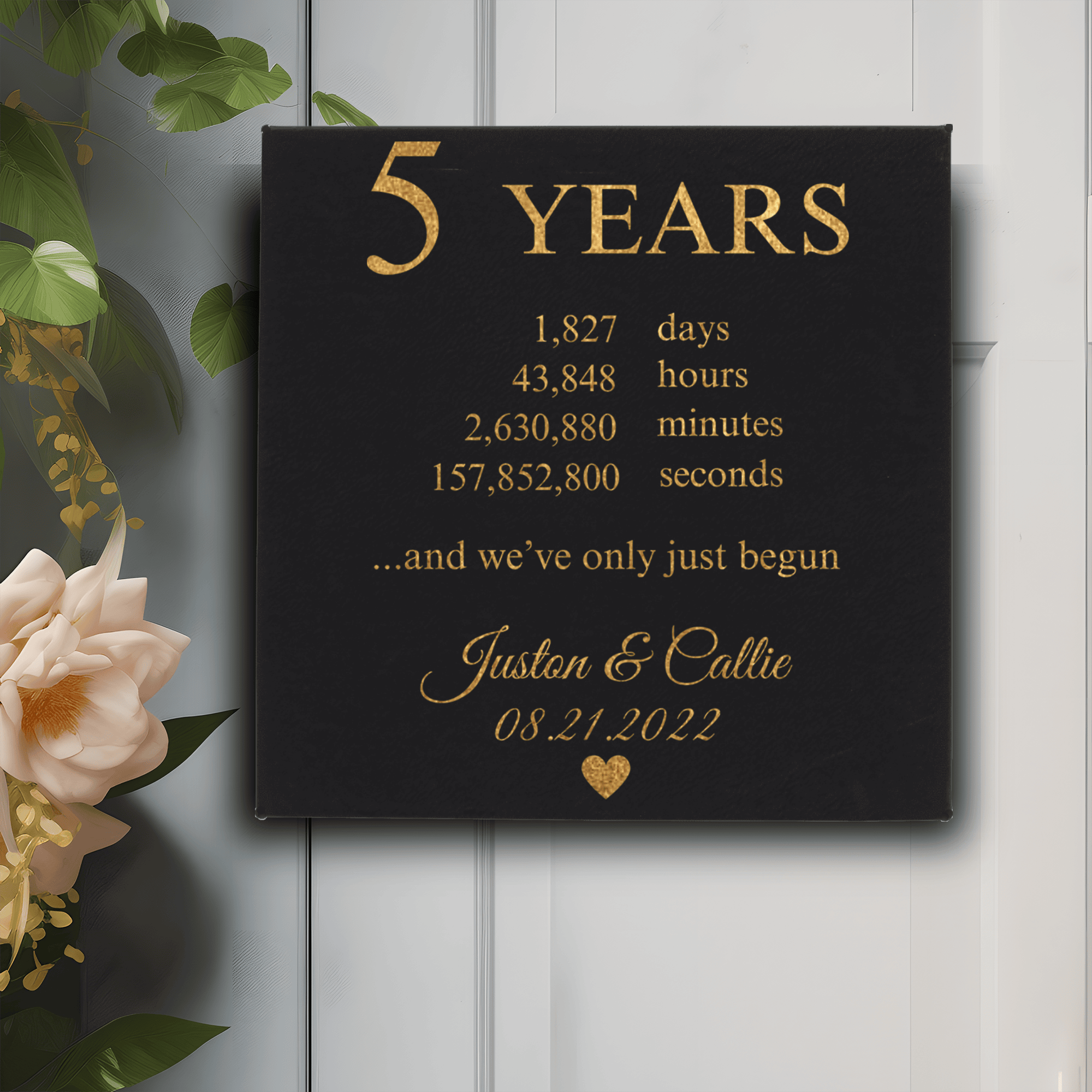 Black Gold Leather Wall Decor With 5 Year Anniversary Design