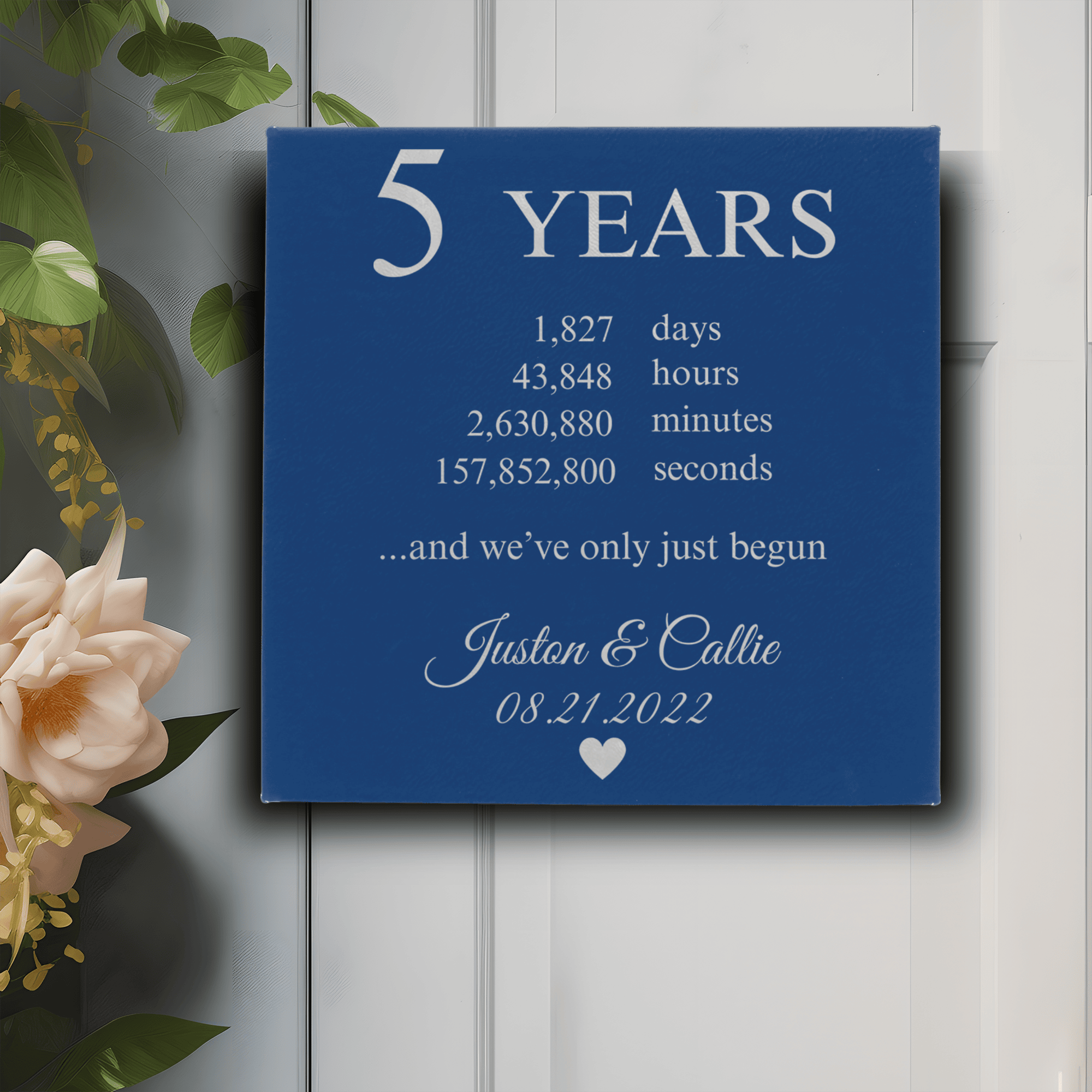 Blue Leather Wall Decor With 5 Year Anniversary Design