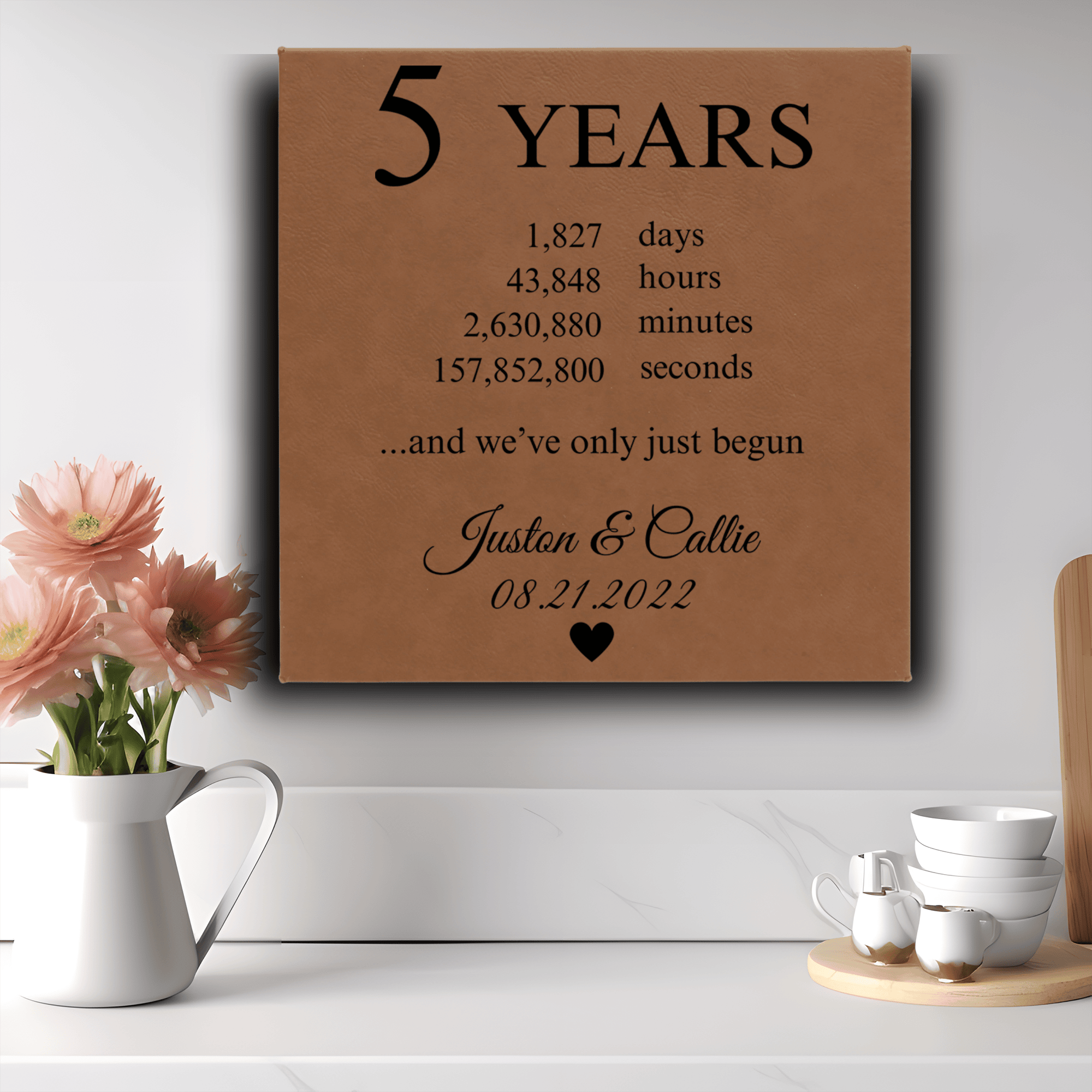 Brown Leather Wall Decor With 5 Year Anniversary Design