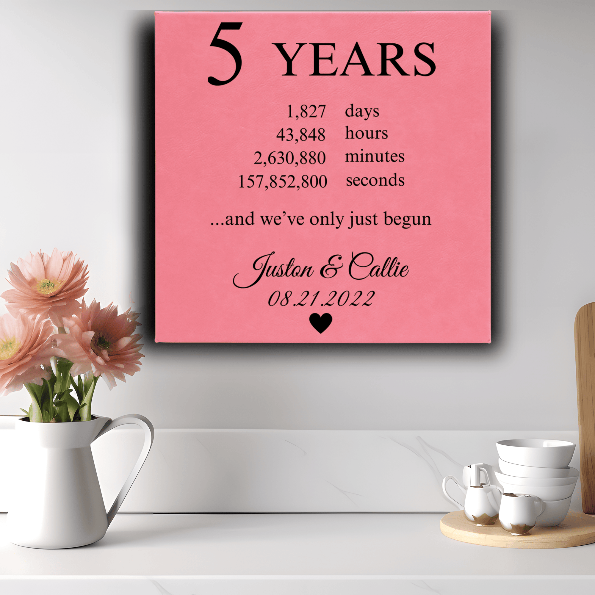 Pink Leather Wall Decor With 5 Year Anniversary Design