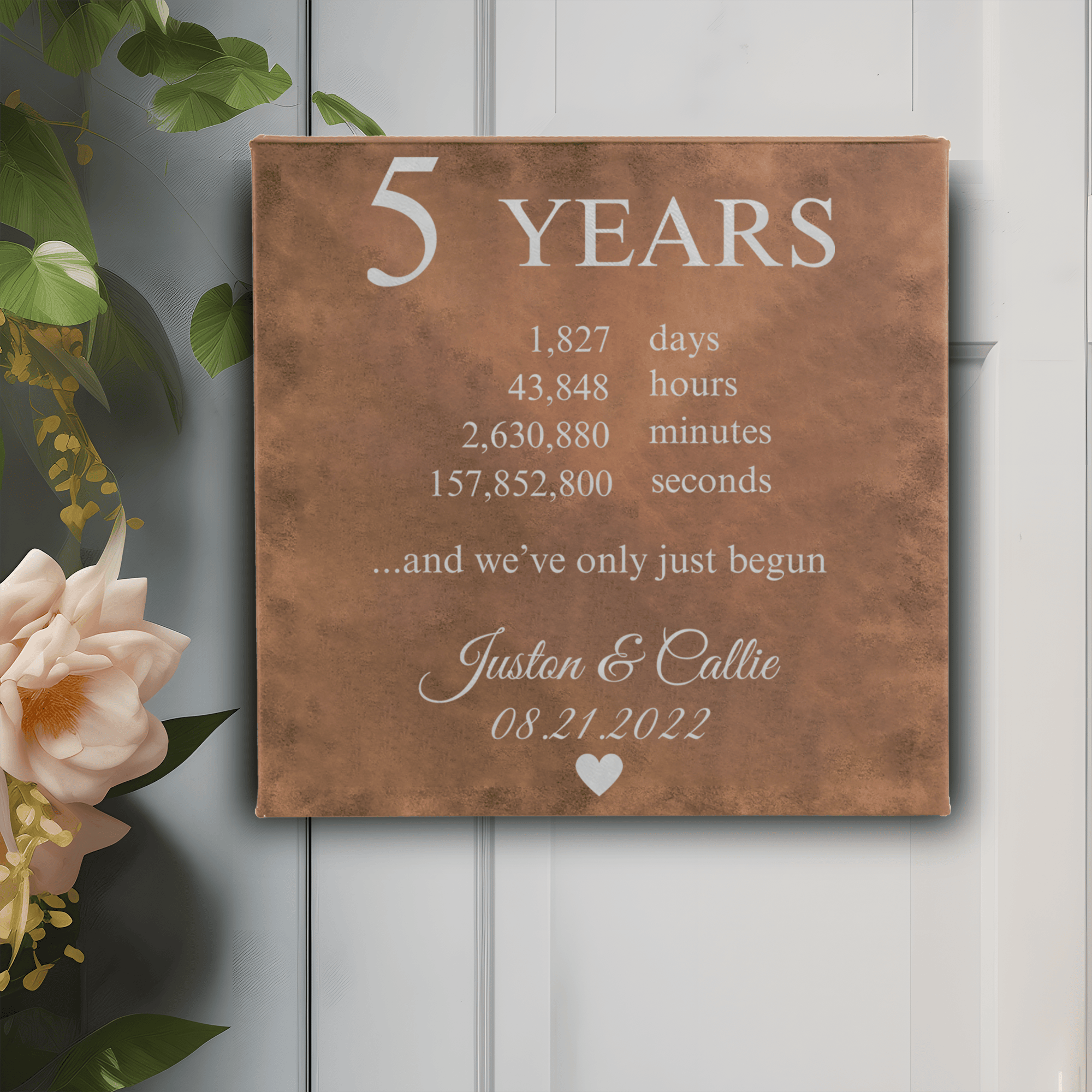 Rustic Silver Leather Wall Decor With 5 Year Anniversary Design