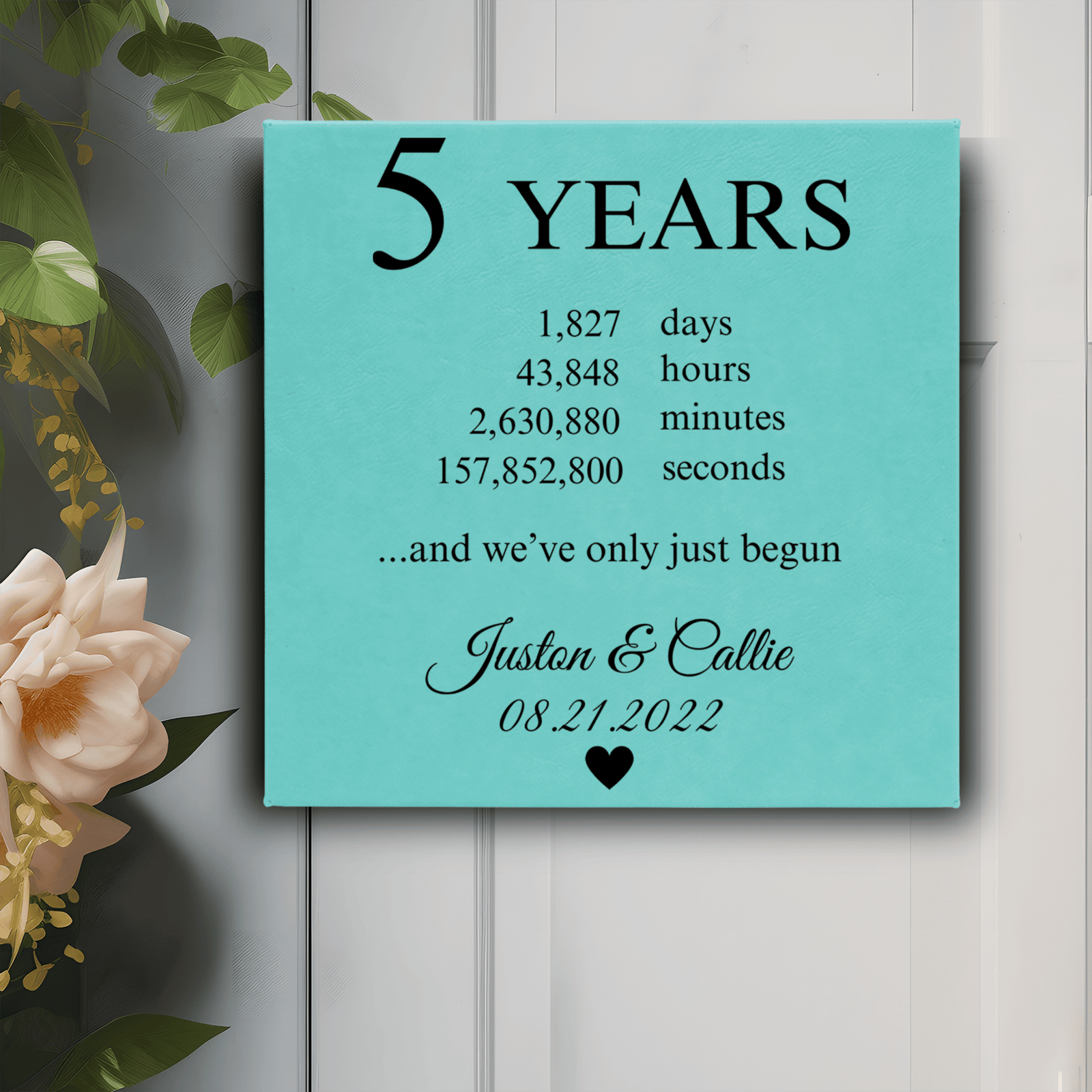 Teal Leather Wall Decor With 5 Year Anniversary Design