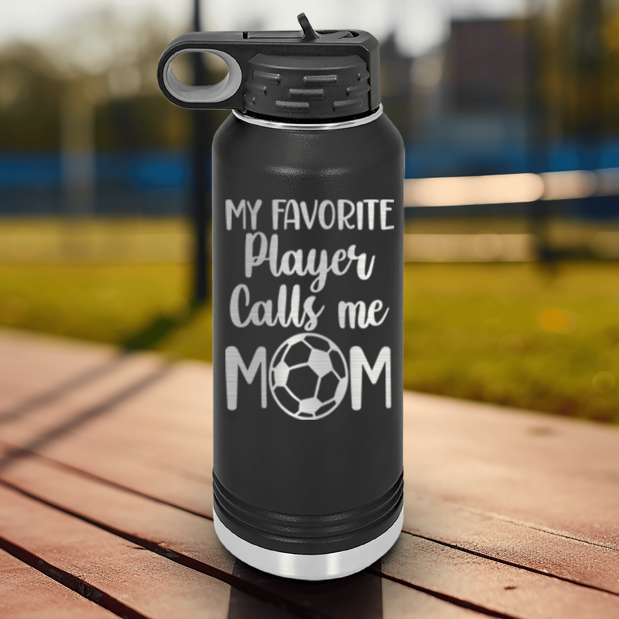 Black Soccer Water Bottle With Best Soccer Mom Design
