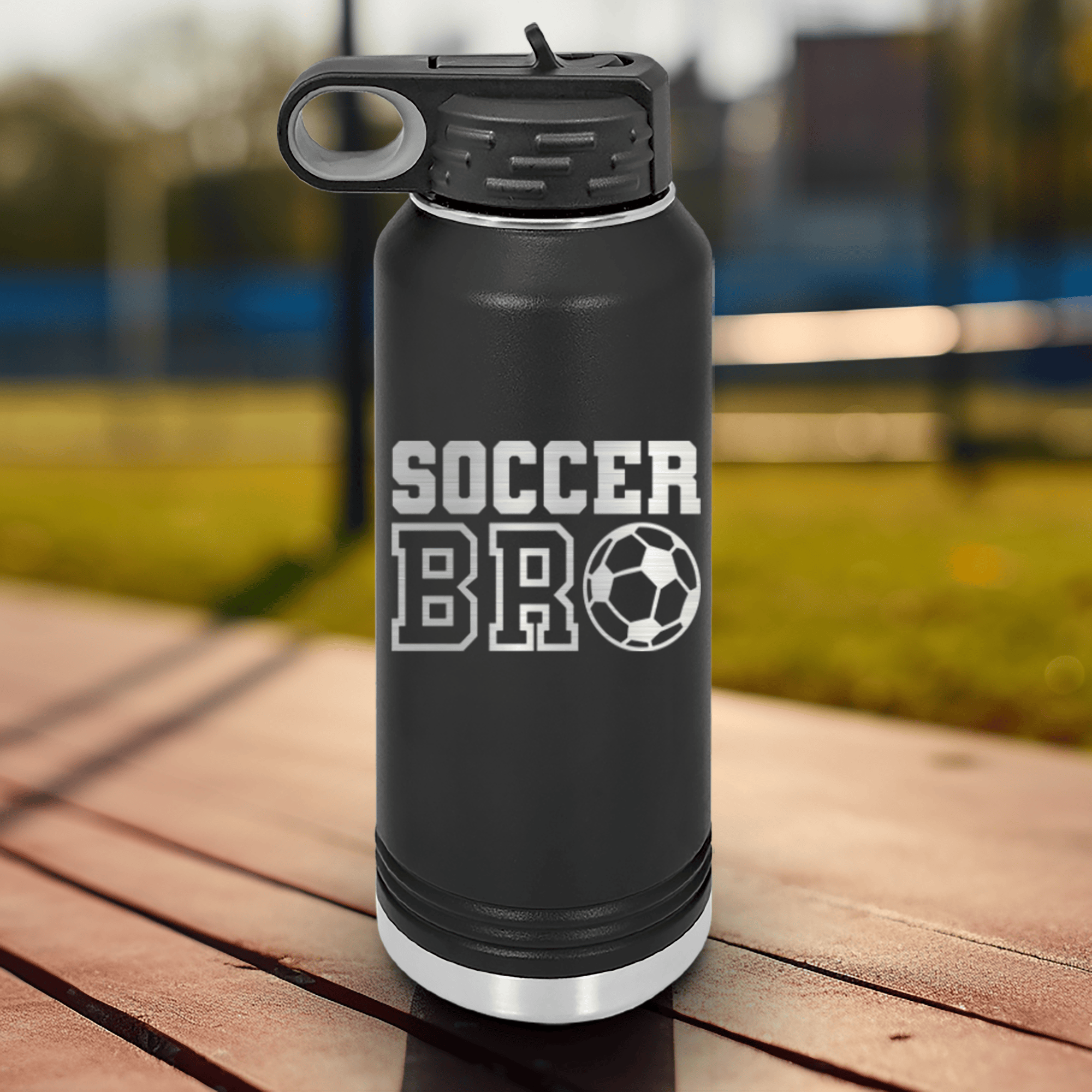 Black Soccer Water Bottle With Brothers Soccer Vibes Design