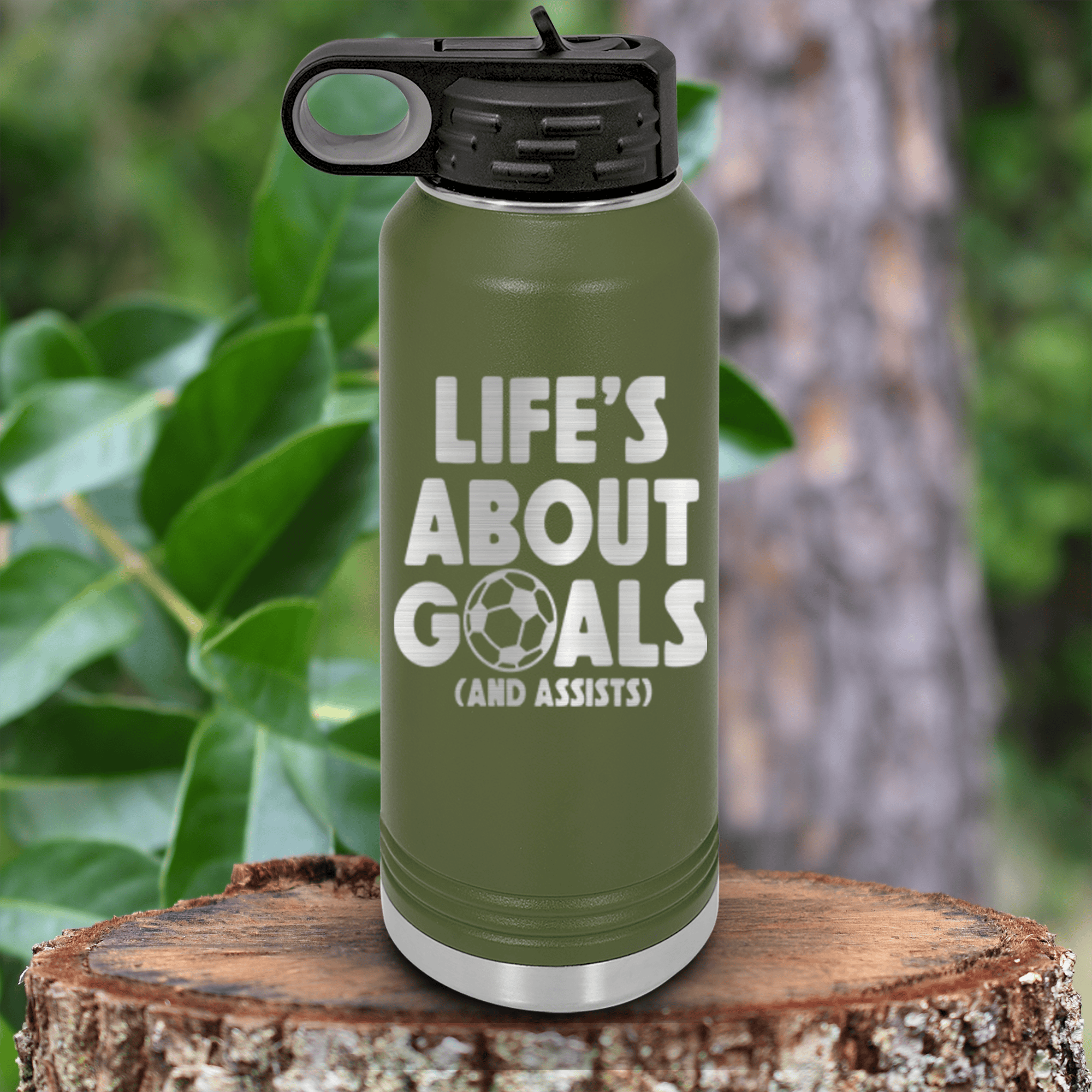 Military Green Soccer Water Bottle With Celebrating Scores And Teamwork Design