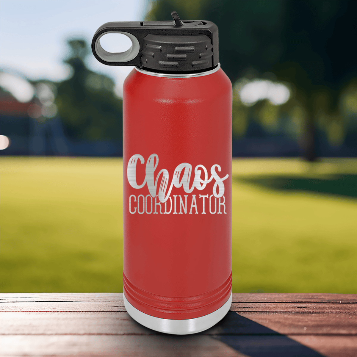 Red Mothers Day Water Bottle With Chaos Coordinator Design