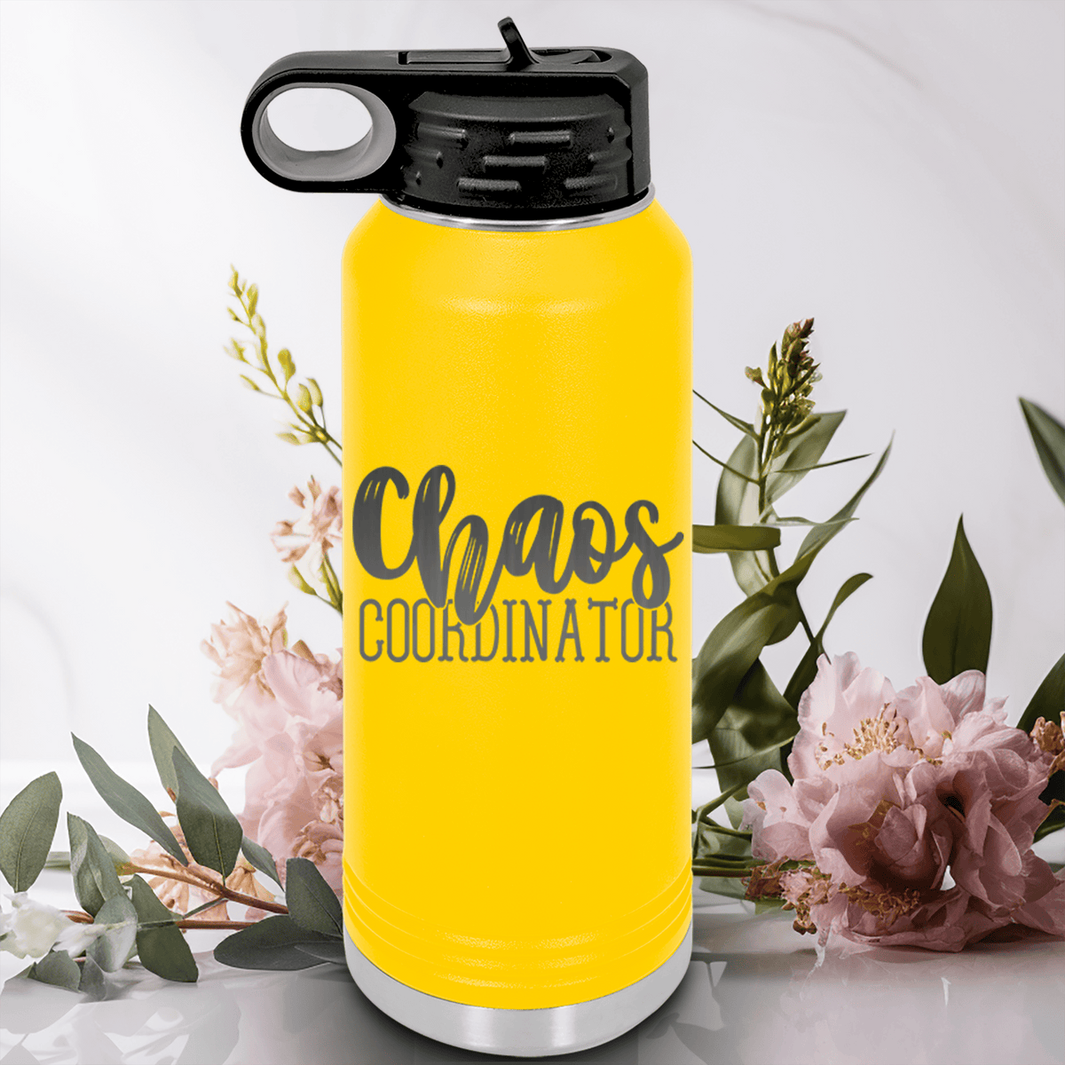 Yellow Mothers Day Water Bottle With Chaos Coordinator Design
