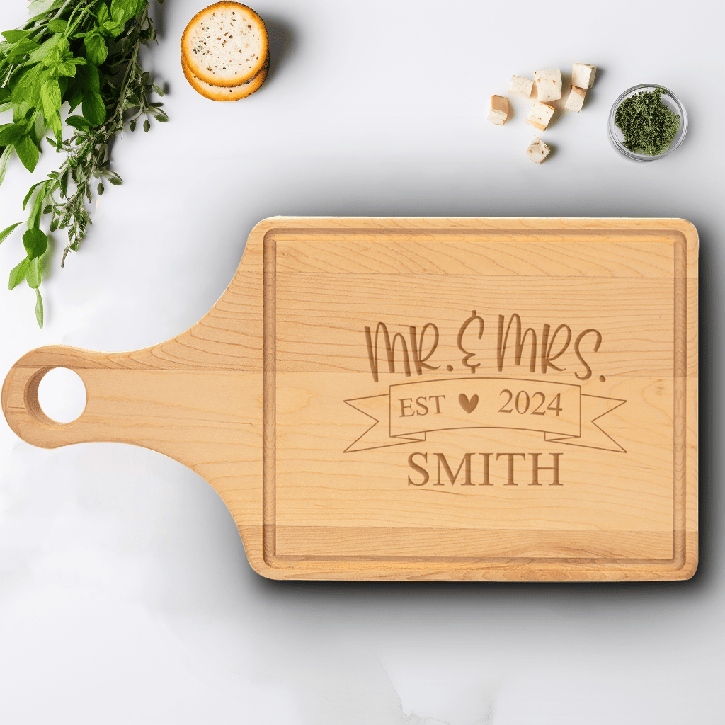 Anniversary Maple Paddle Cutting Board With Cherised Memory Banner Design