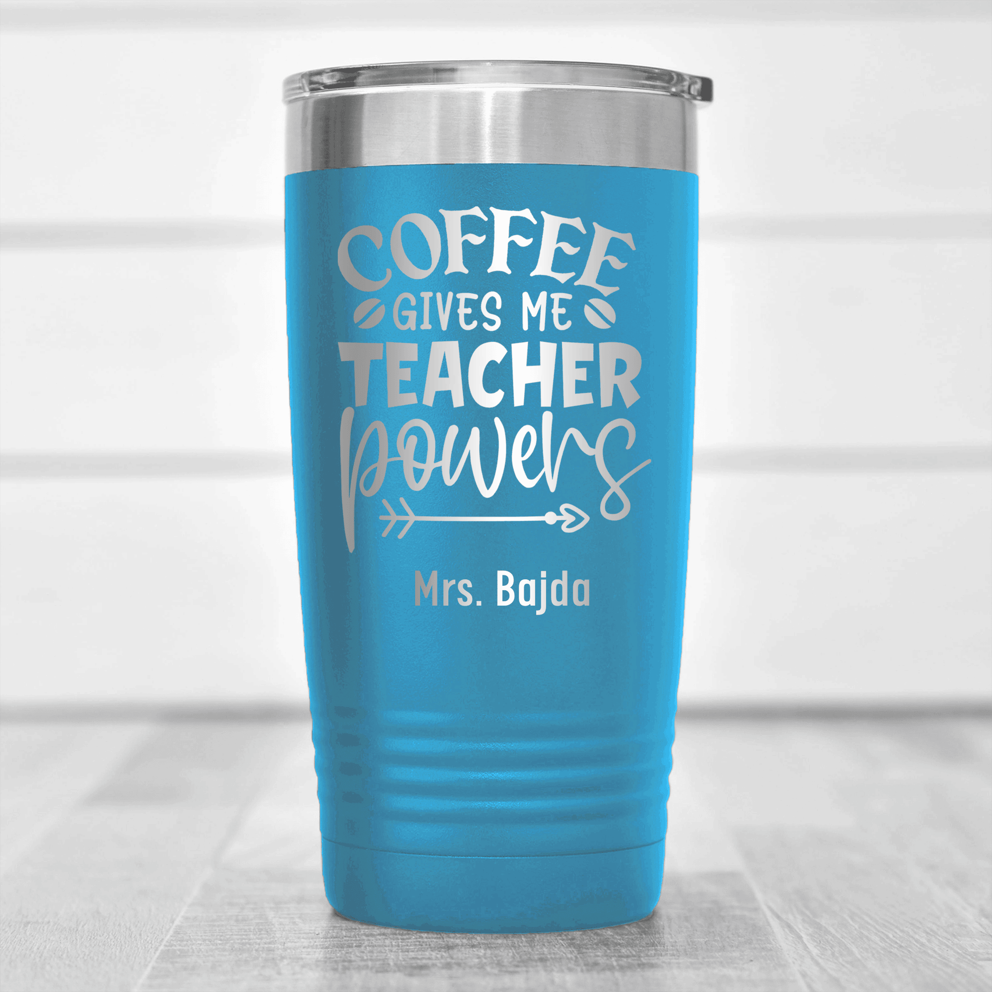 Light Blue Teacher Tumbler With Coffee Gives Me Powers Design