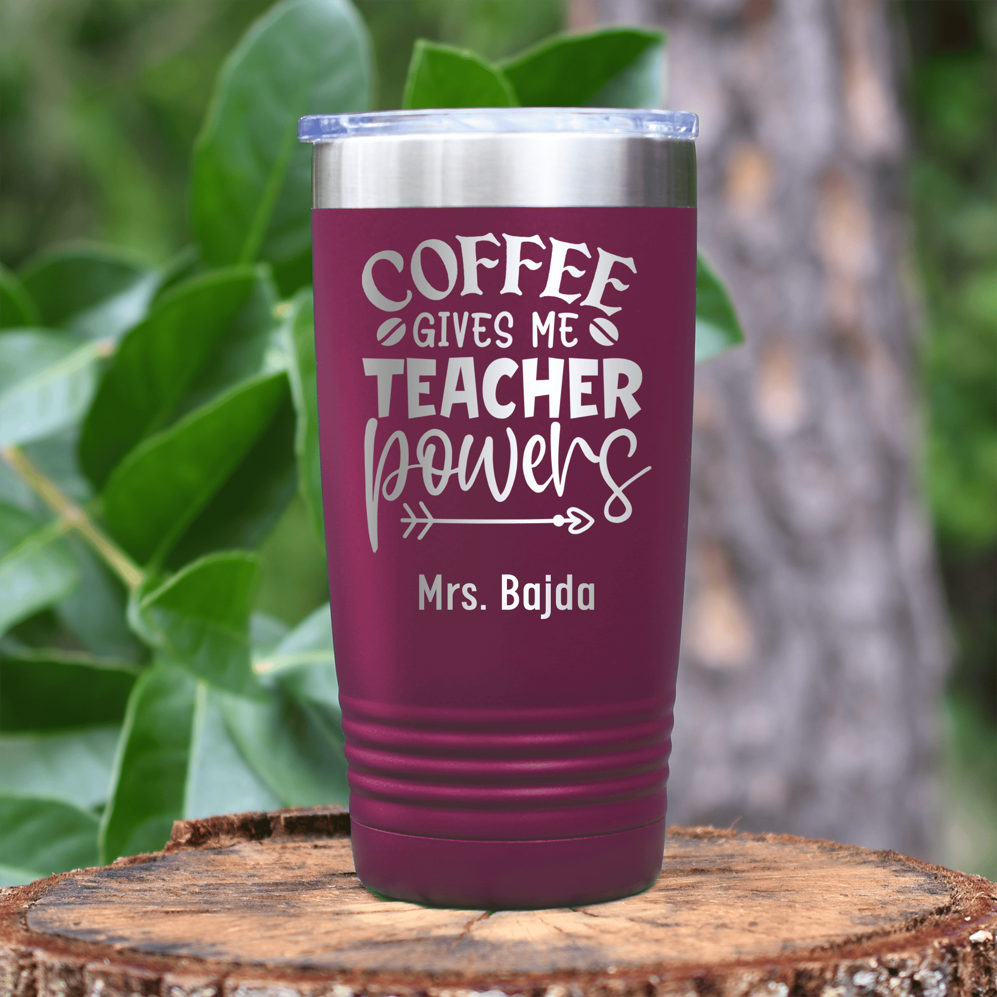 Maroon Teacher Tumbler With Coffee Gives Me Powers Design
