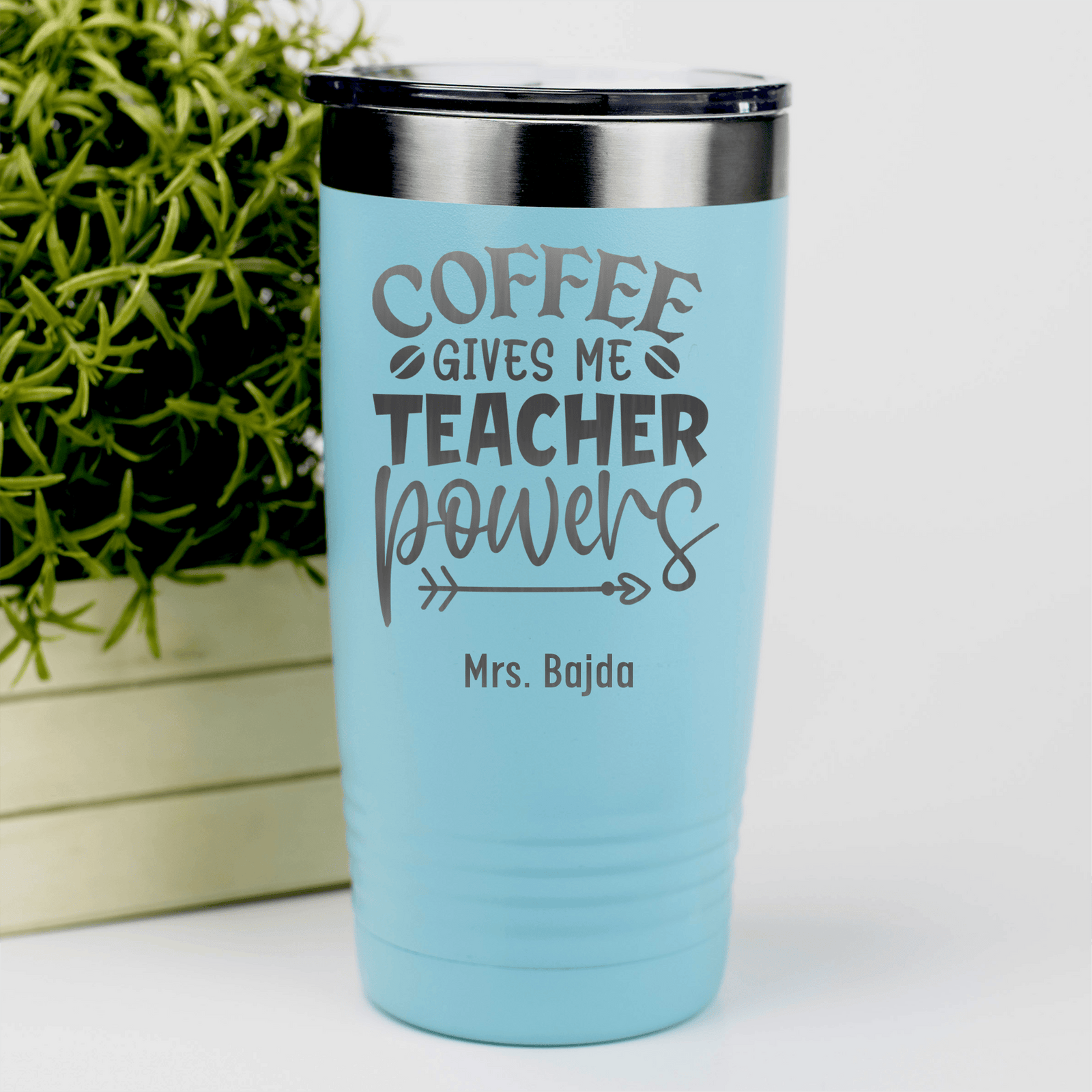 Teal Teacher Tumbler With Coffee Gives Me Powers Design