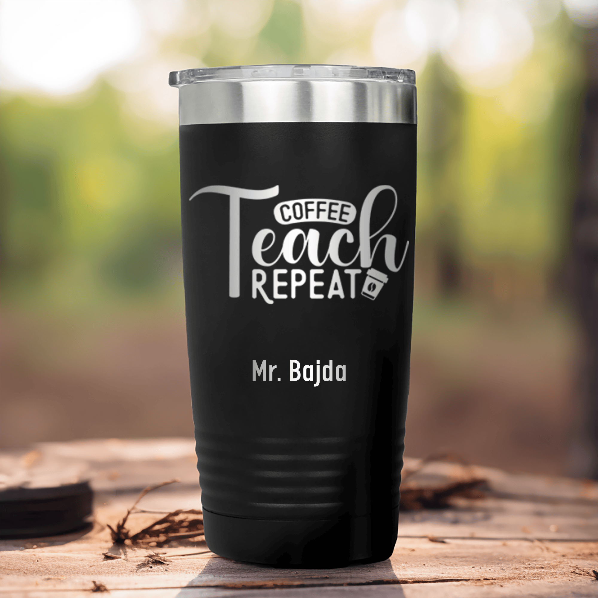 Black Teacher Tumbler With Coffee Teach Repeat Design