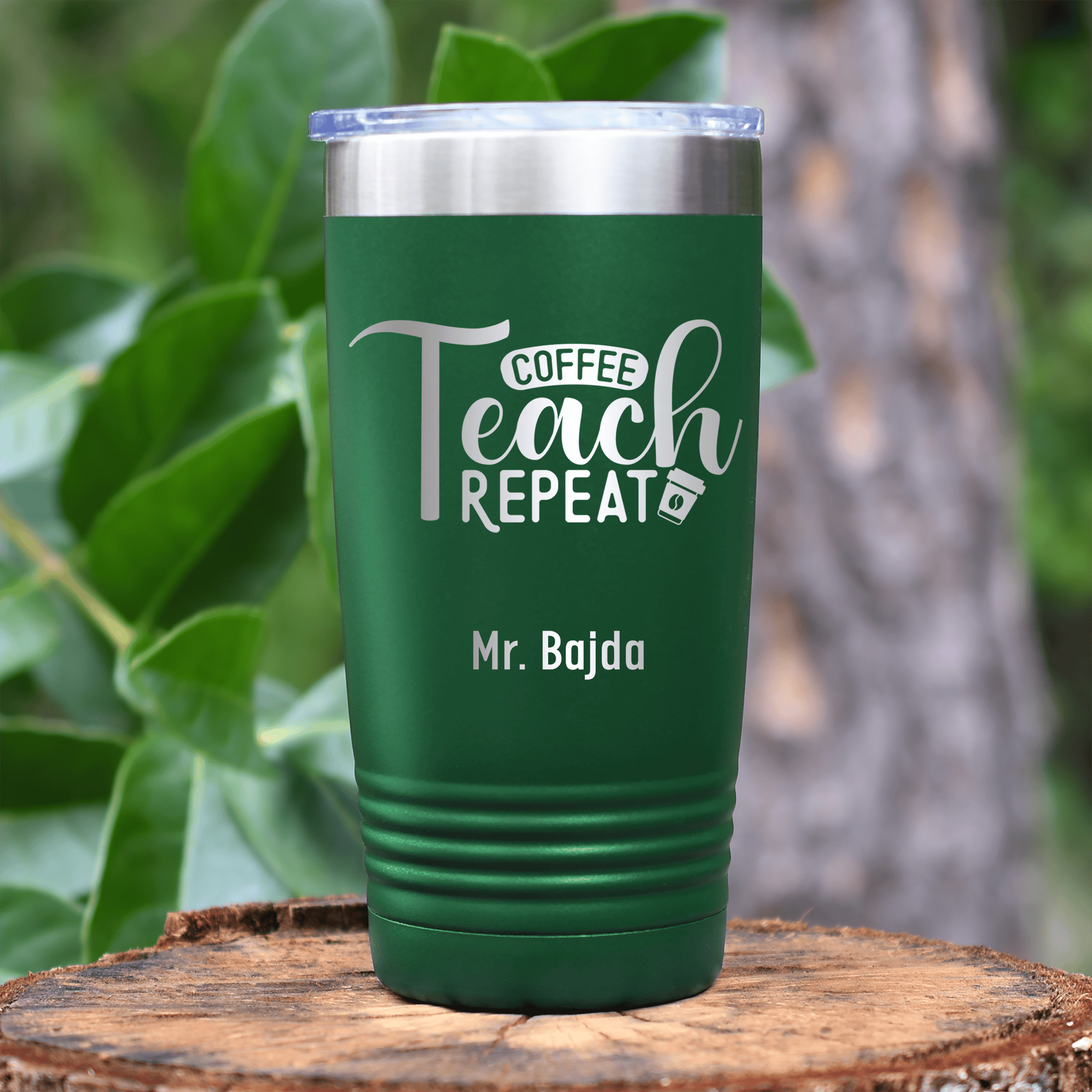 Green Teacher Tumbler With Coffee Teach Repeat Design
