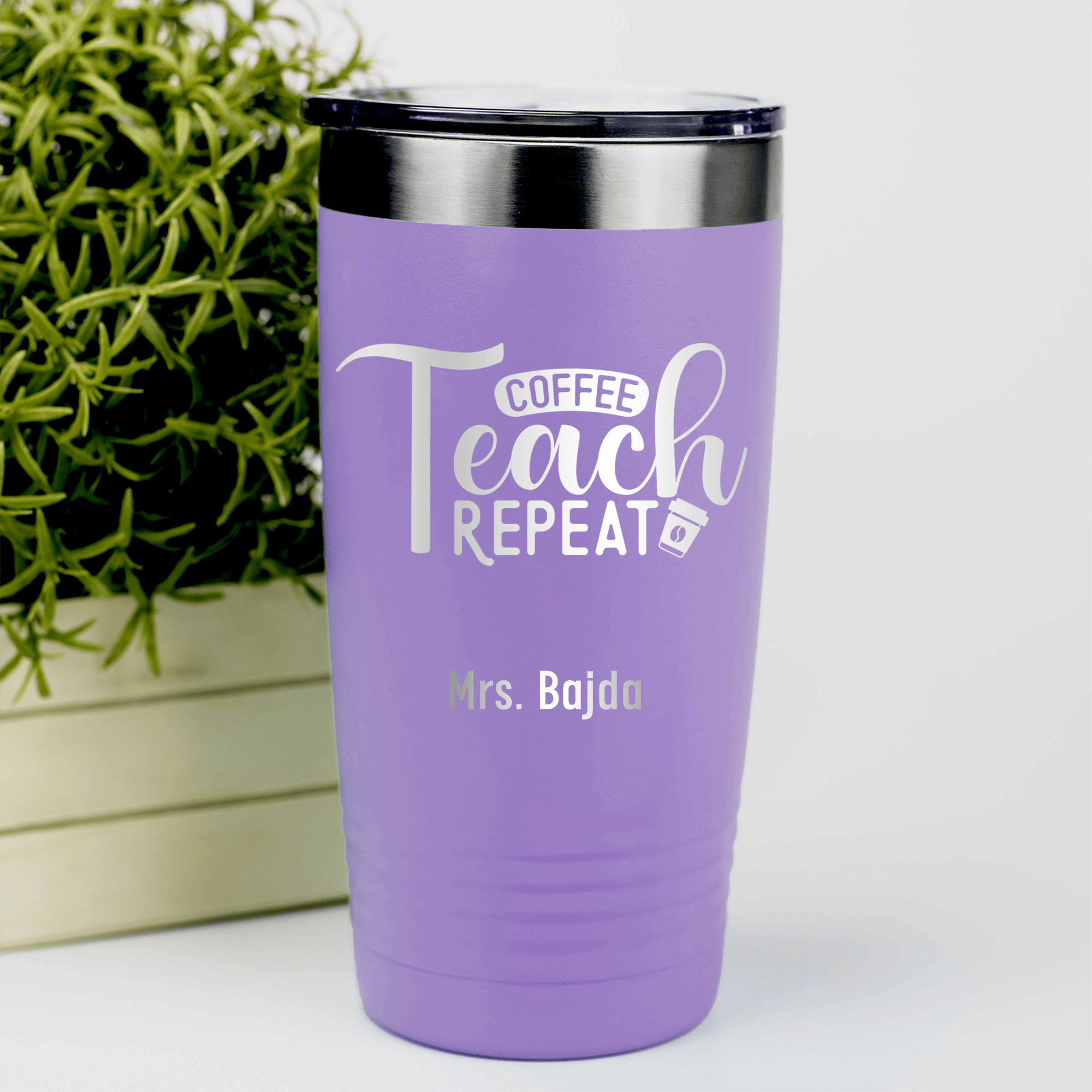 Light Purple Teacher Tumbler With Coffee Teach Repeat Design
