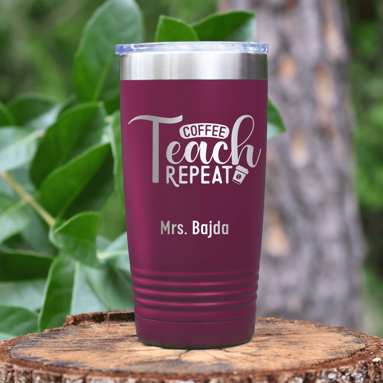 Maroon Teacher Tumbler With Coffee Teach Repeat Design