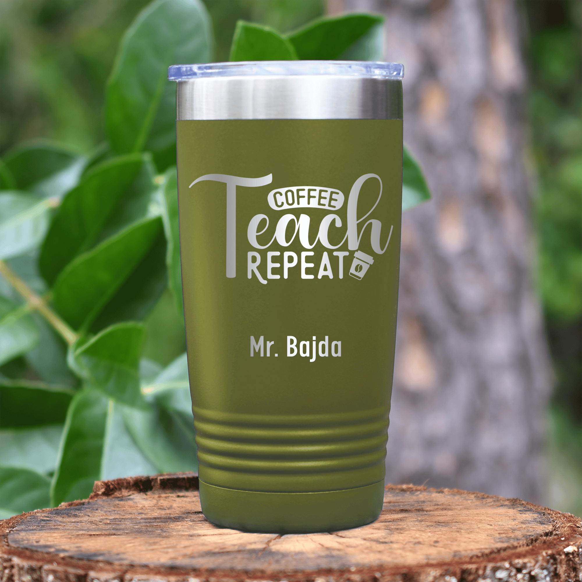 Military Green Teacher Tumbler With Coffee Teach Repeat Design