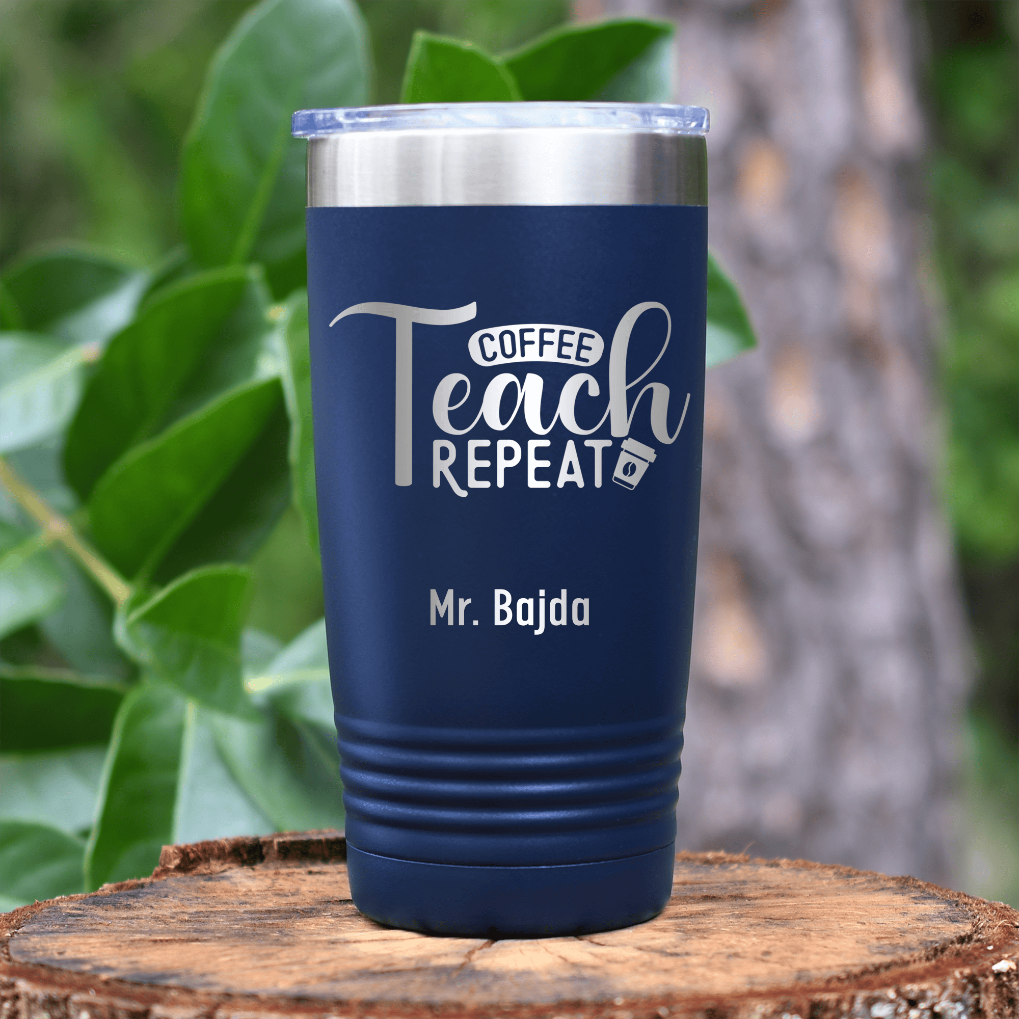 Navy Teacher Tumbler With Coffee Teach Repeat Design