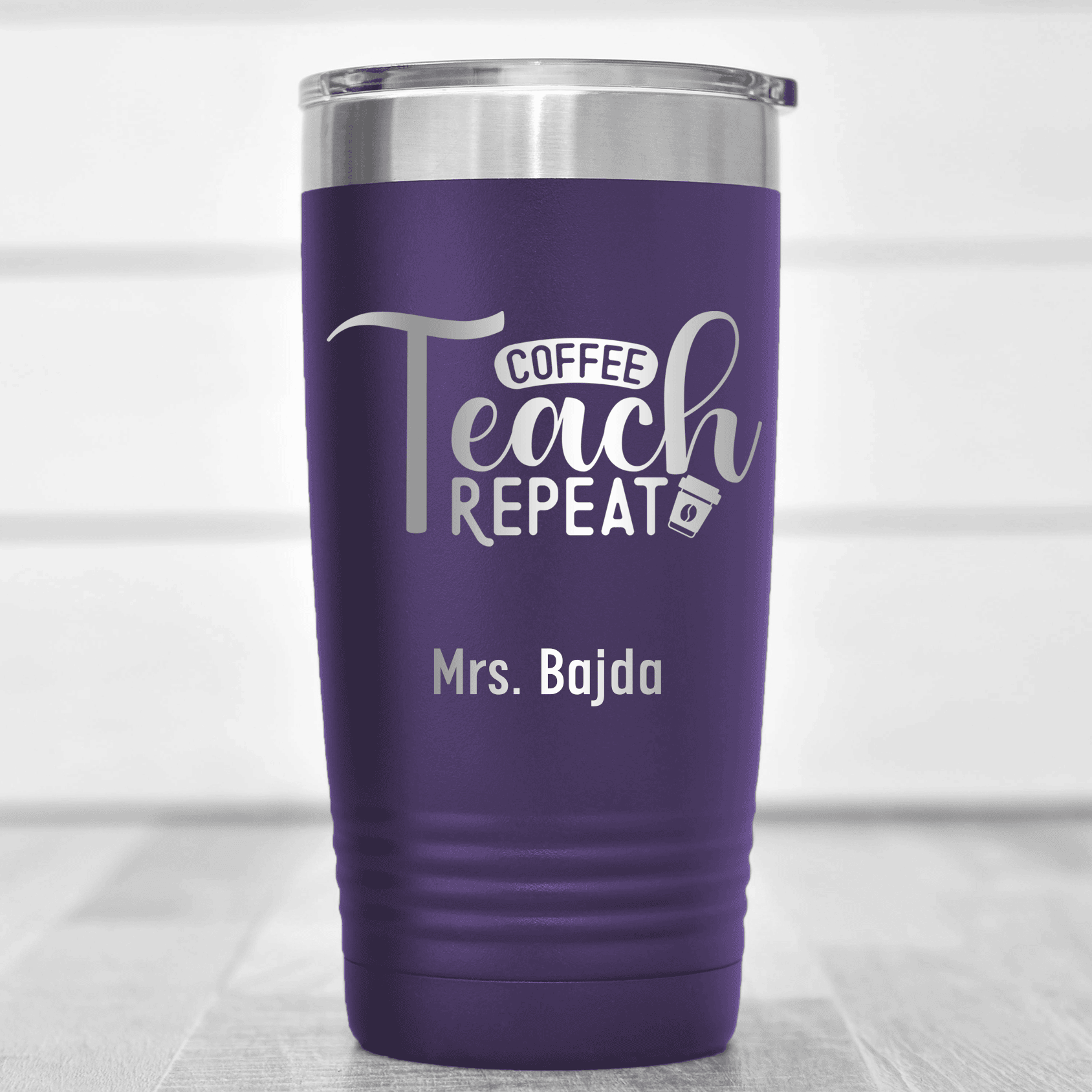Purple Teacher Tumbler With Coffee Teach Repeat Design