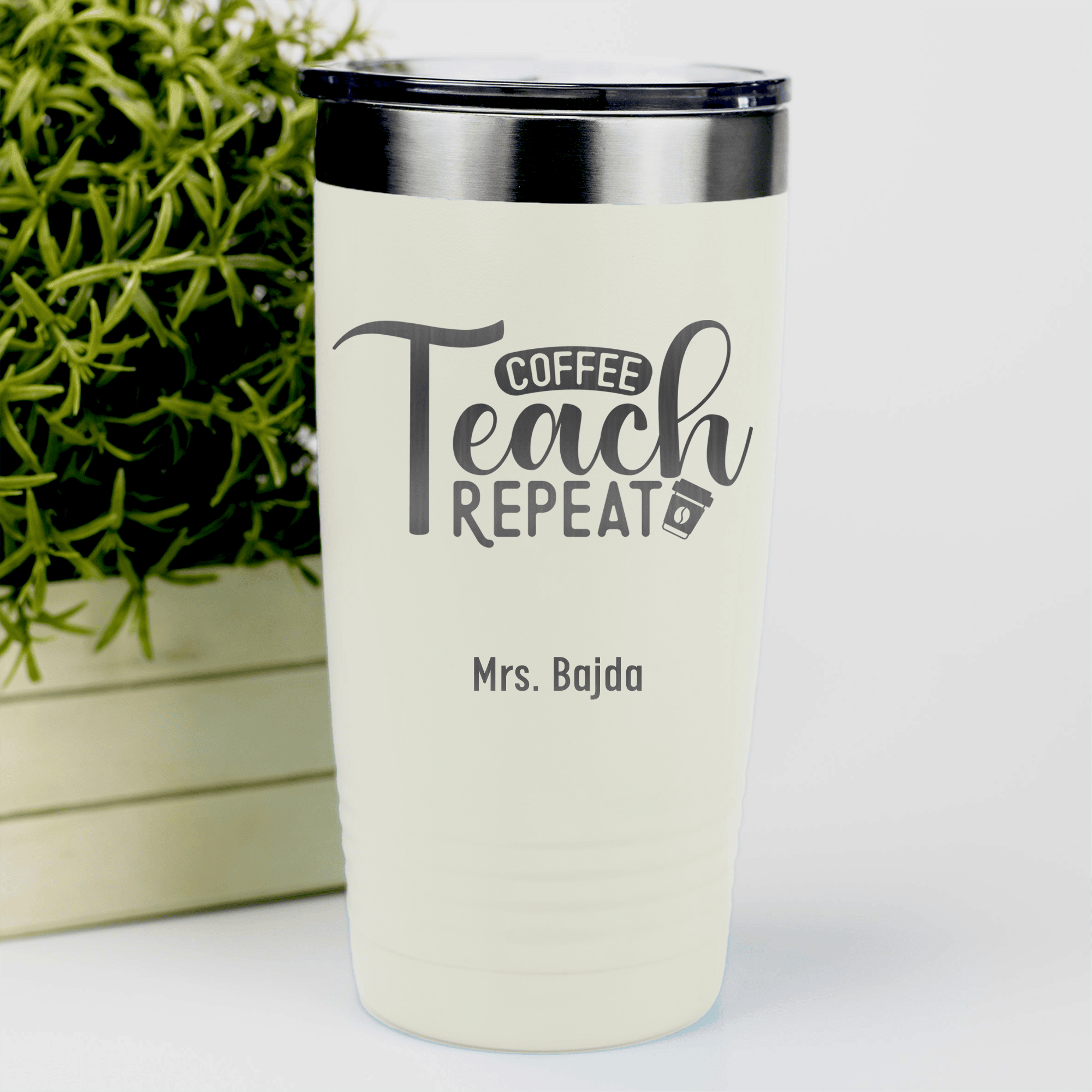 White Teacher Tumbler With Coffee Teach Repeat Design