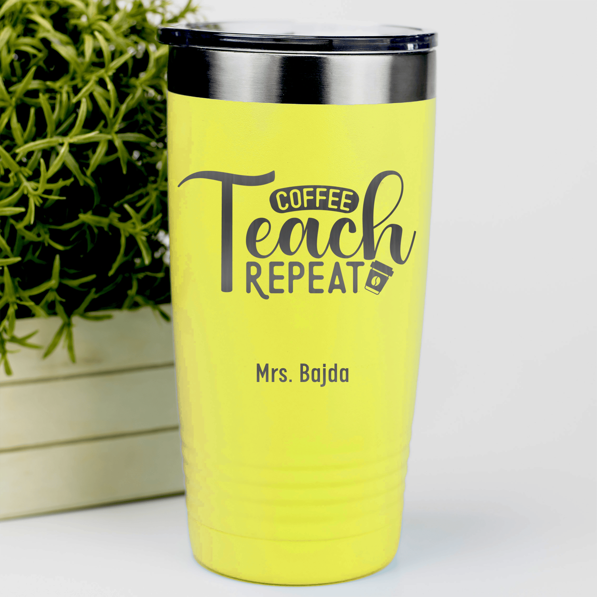 Yellow Teacher Tumbler With Coffee Teach Repeat Design