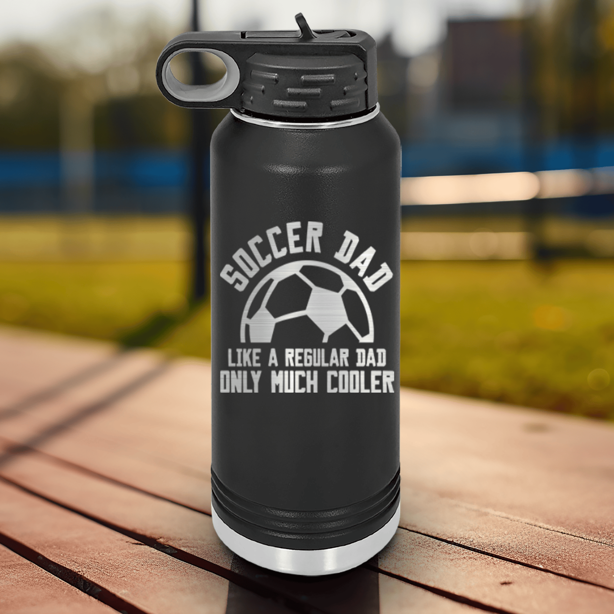 Black Soccer Water Bottle With Coolest Guy On The Sideline Design