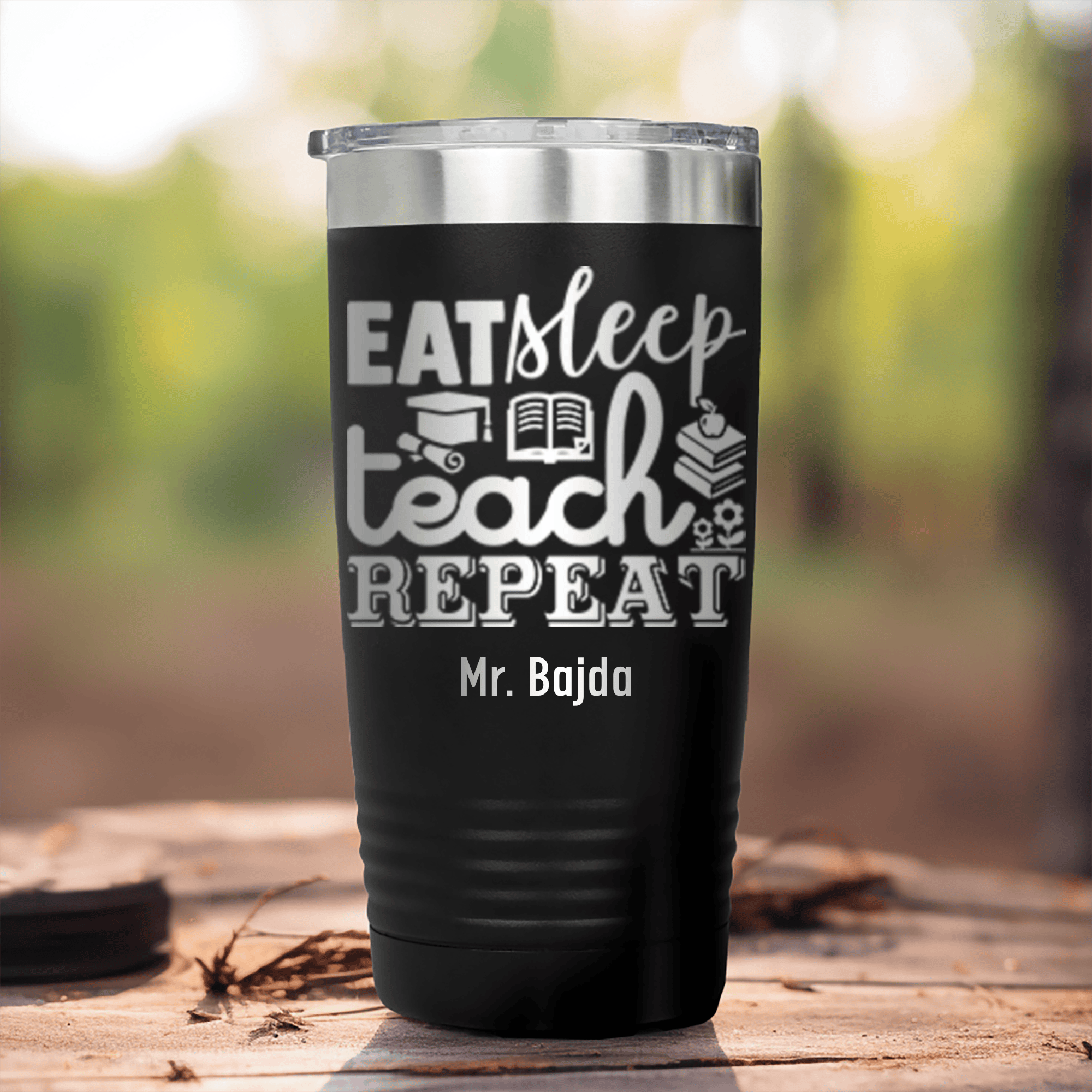 Black Teacher Tumbler With Eat Sleep Teach And Repeat Design