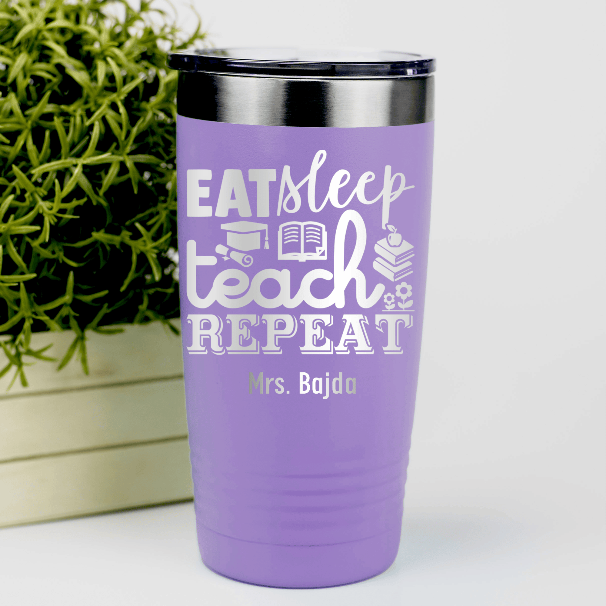 Light Purple Teacher Tumbler With Eat Sleep Teach And Repeat Design