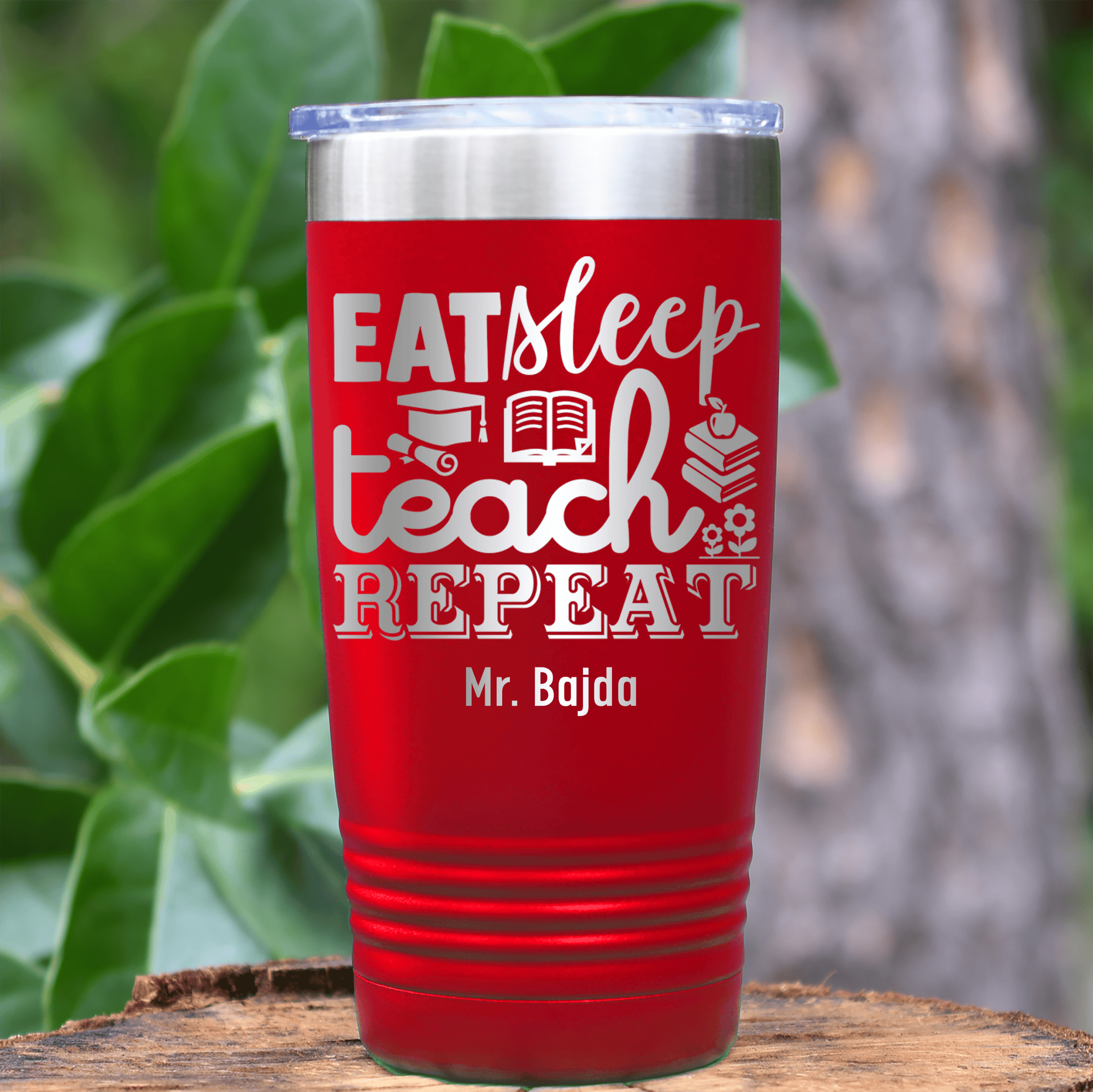 Red Teacher Tumbler With Eat Sleep Teach And Repeat Design