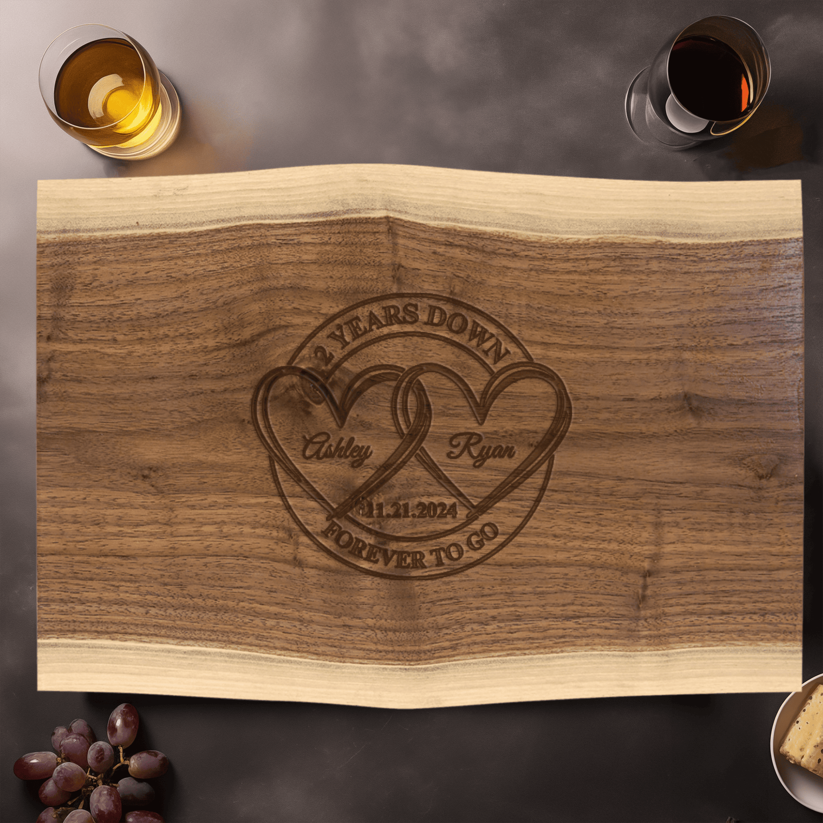 Anniversary Black Walnut Cutting Board With Entwined Hearts Anniversary Design