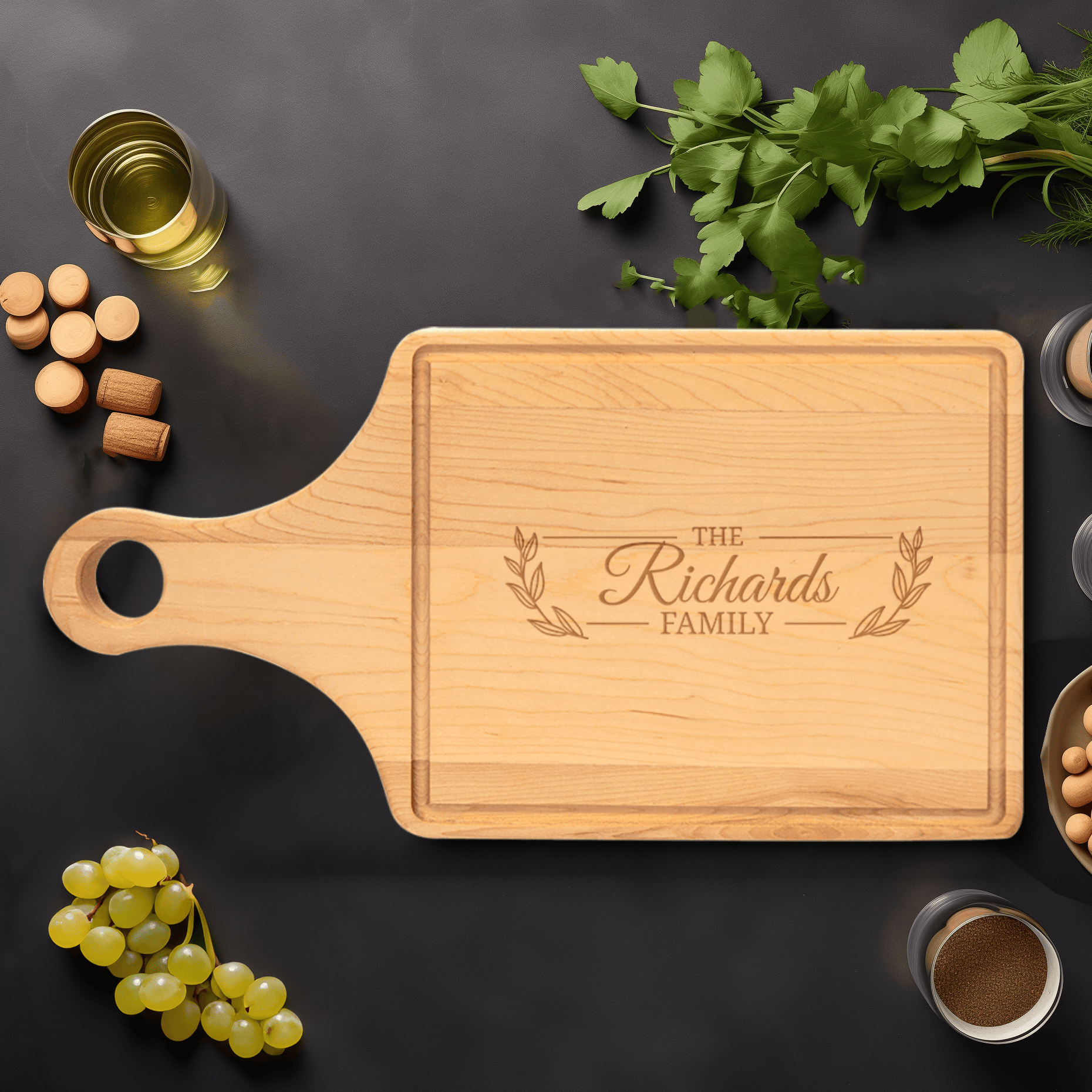 Family Name Maple Paddle Cutting Board With Family Noble Knot Design