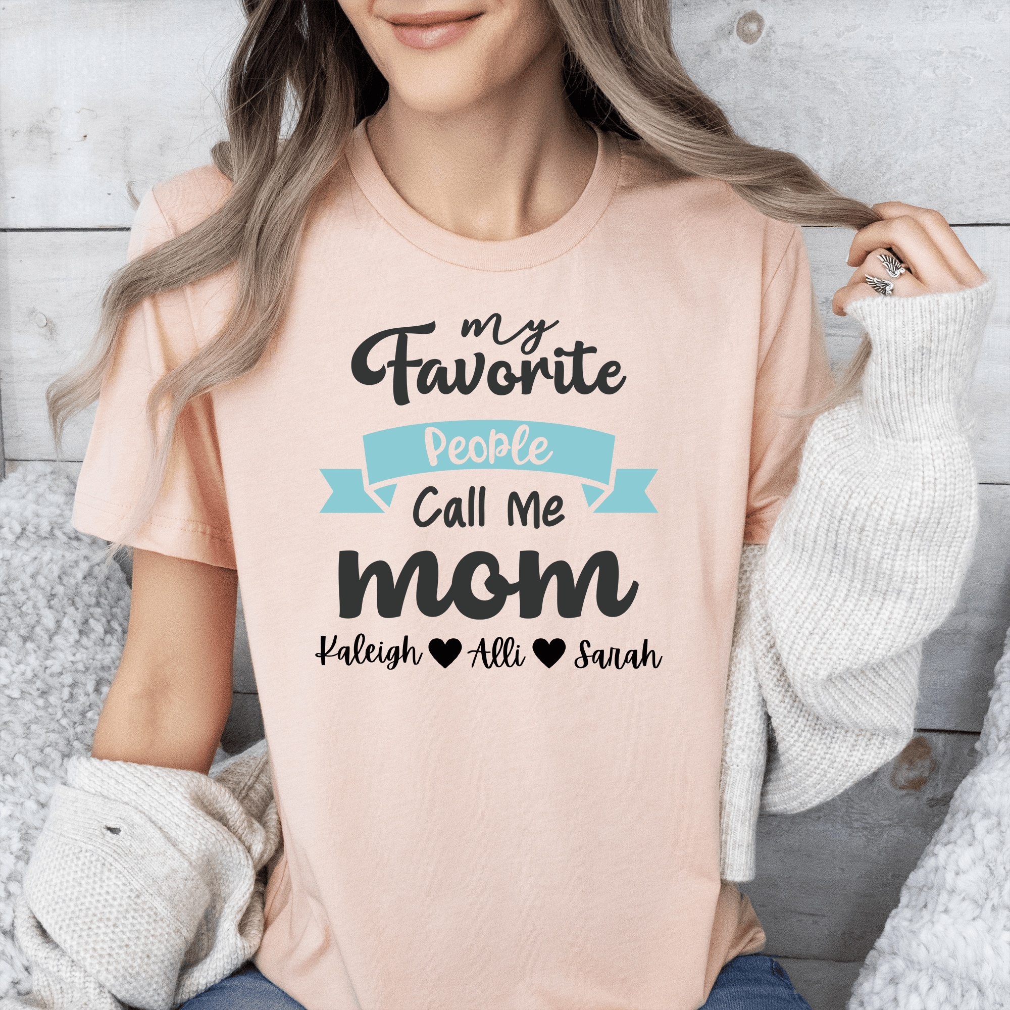 Womens Heather Peach T Shirt with Favorite-People-Call-Me-Mom design