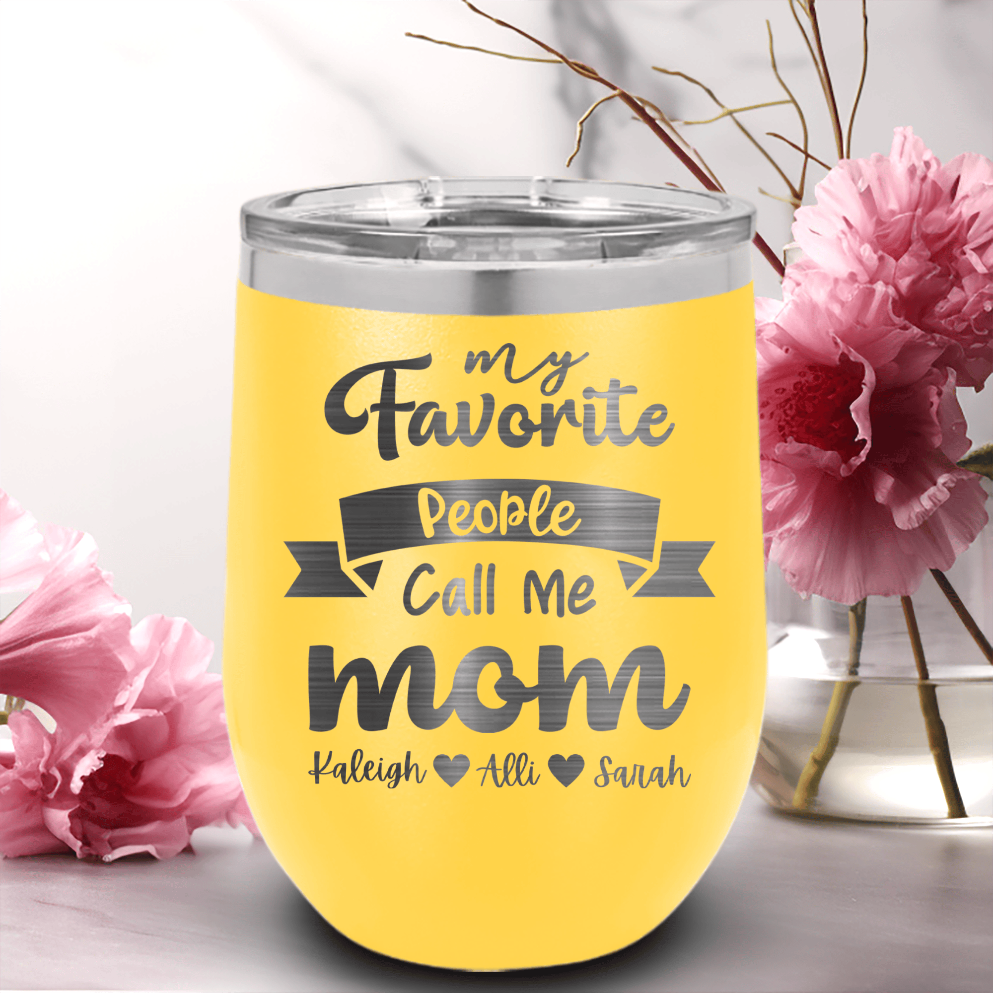 Yellow Mothers Day Wine Tumbler With Favorite People Call Me Mom Design